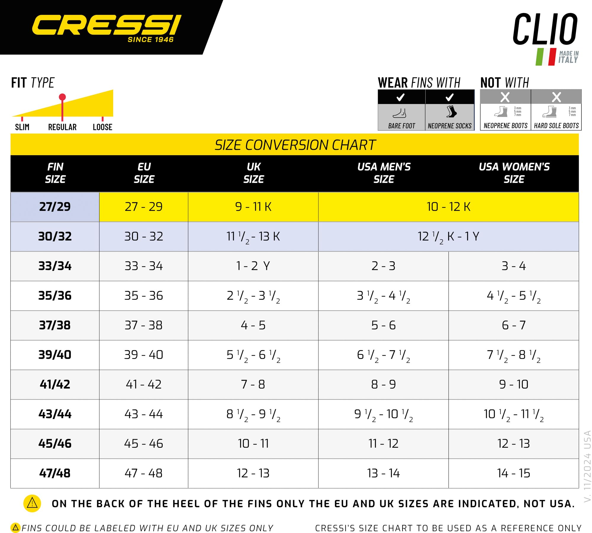 Cressi Clio Pinne da snorkeling e immersioni (Made in Italy), CA105047, Nero , EU 47/48 | 11.5/13