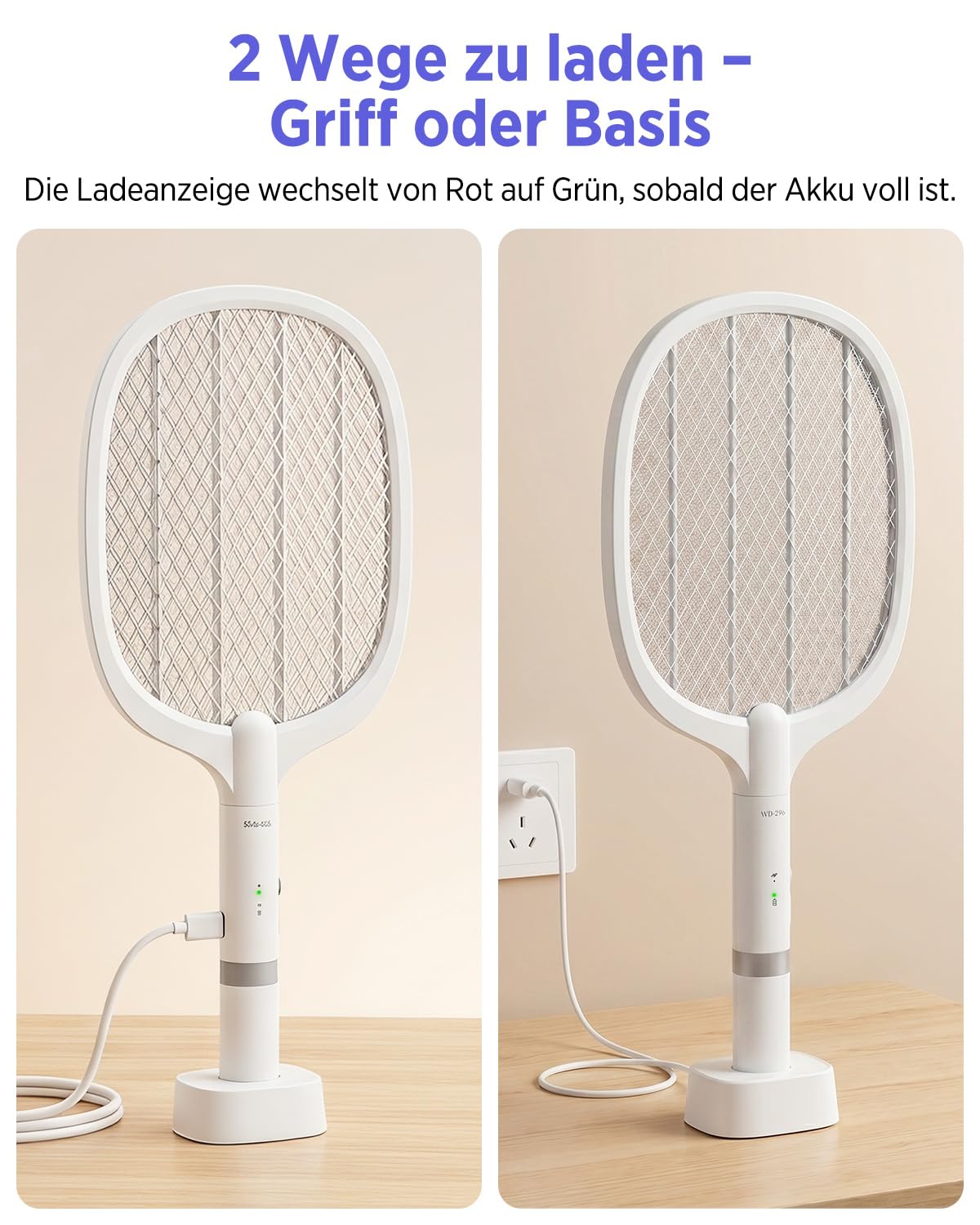Elektrische Fliegenklatsche 2 Stück, 4000V Insektenvernichter mit UV Mückenfalle, Elektro Fliegenfalle mit 1800 mAh Akku Aufladbar und Ladebasis, Fliegenfänger Stark für Mücken, Fliegen, Motten