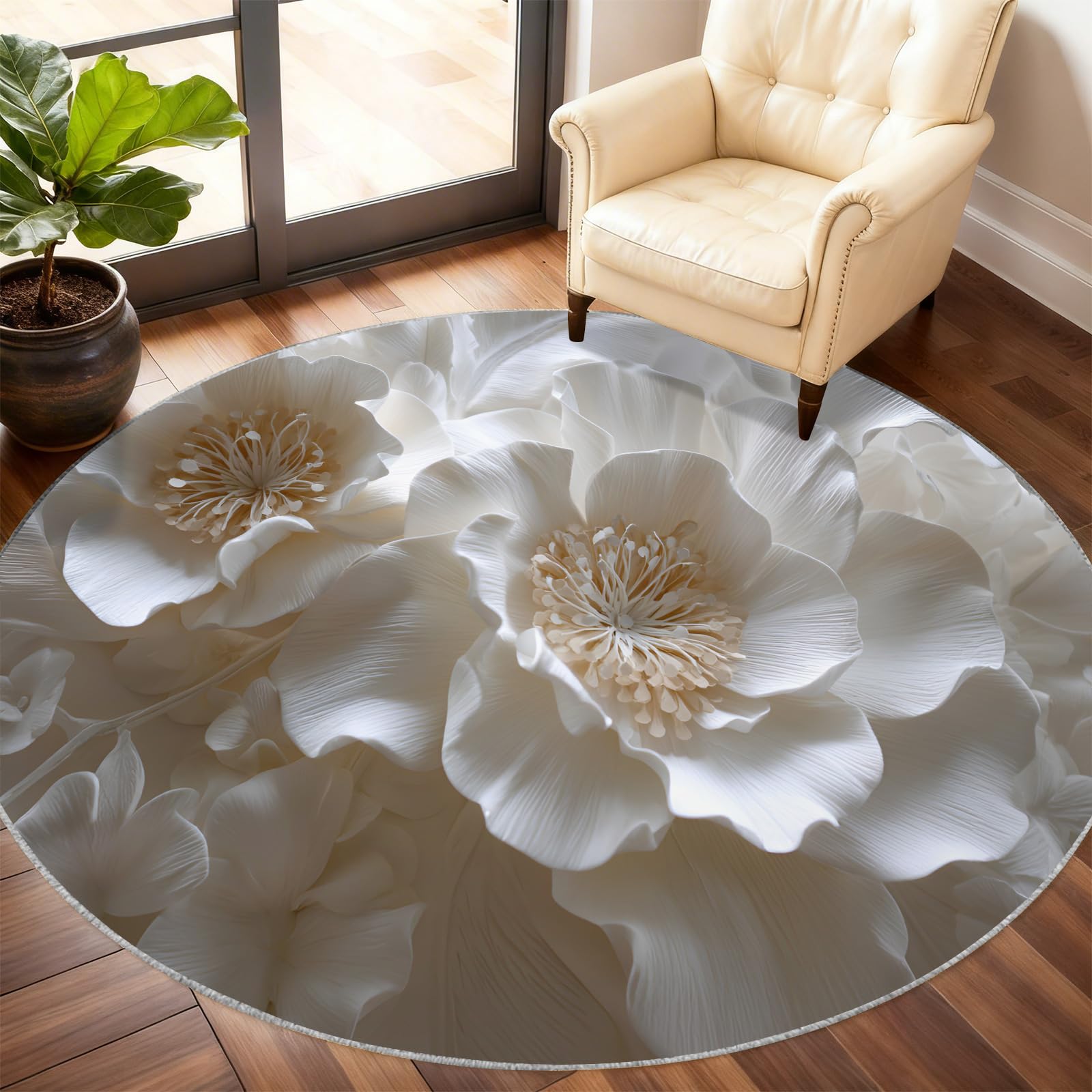 Tapis rond de pivoines blanches 3D de 2 m en relief
