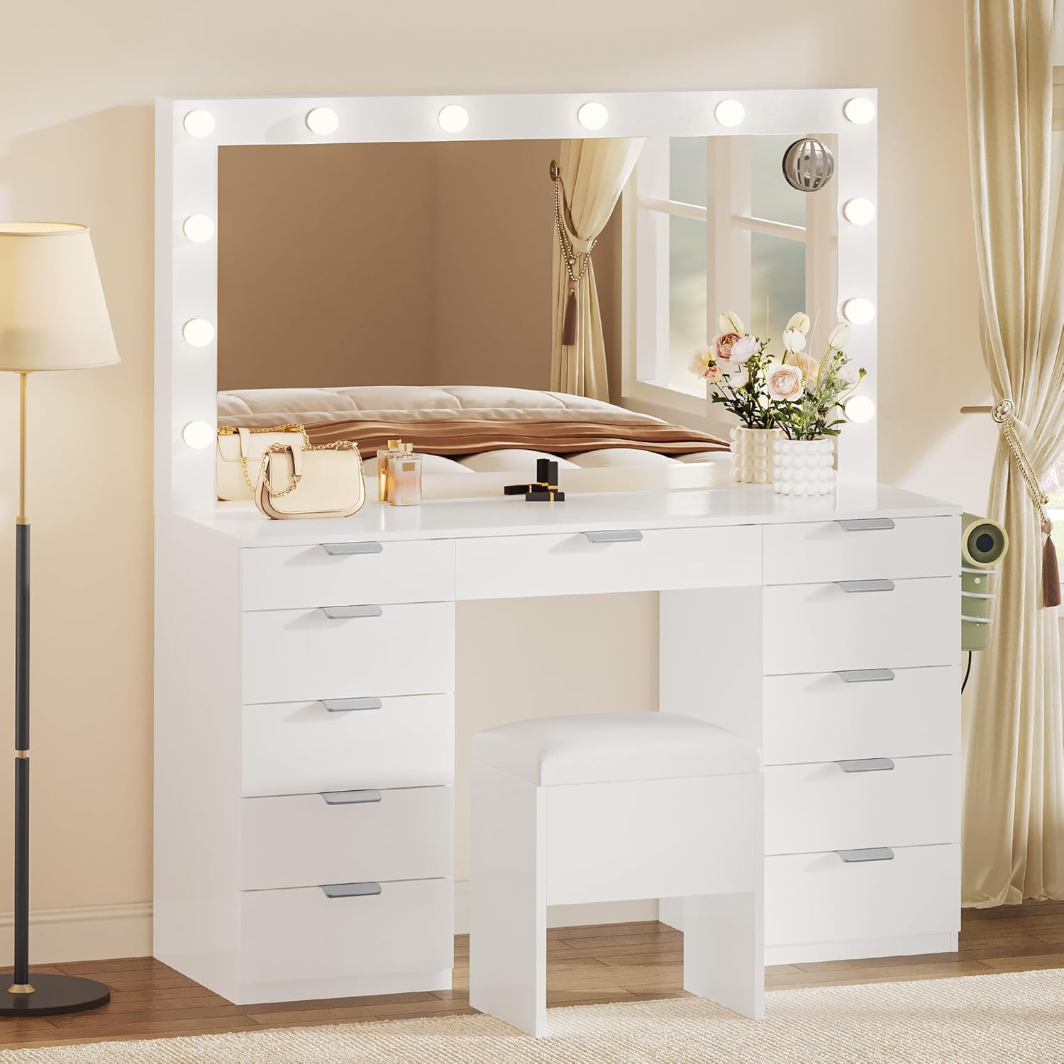 YITAHOME Makeup Vanity Desk with LED Mirror & 3 Brightness Levels, Makeup Table with 11 Drawers, Magnifying Glass, Power Outlets, Hairdryer Holder & Storage Cushion Stool for Dressing Room