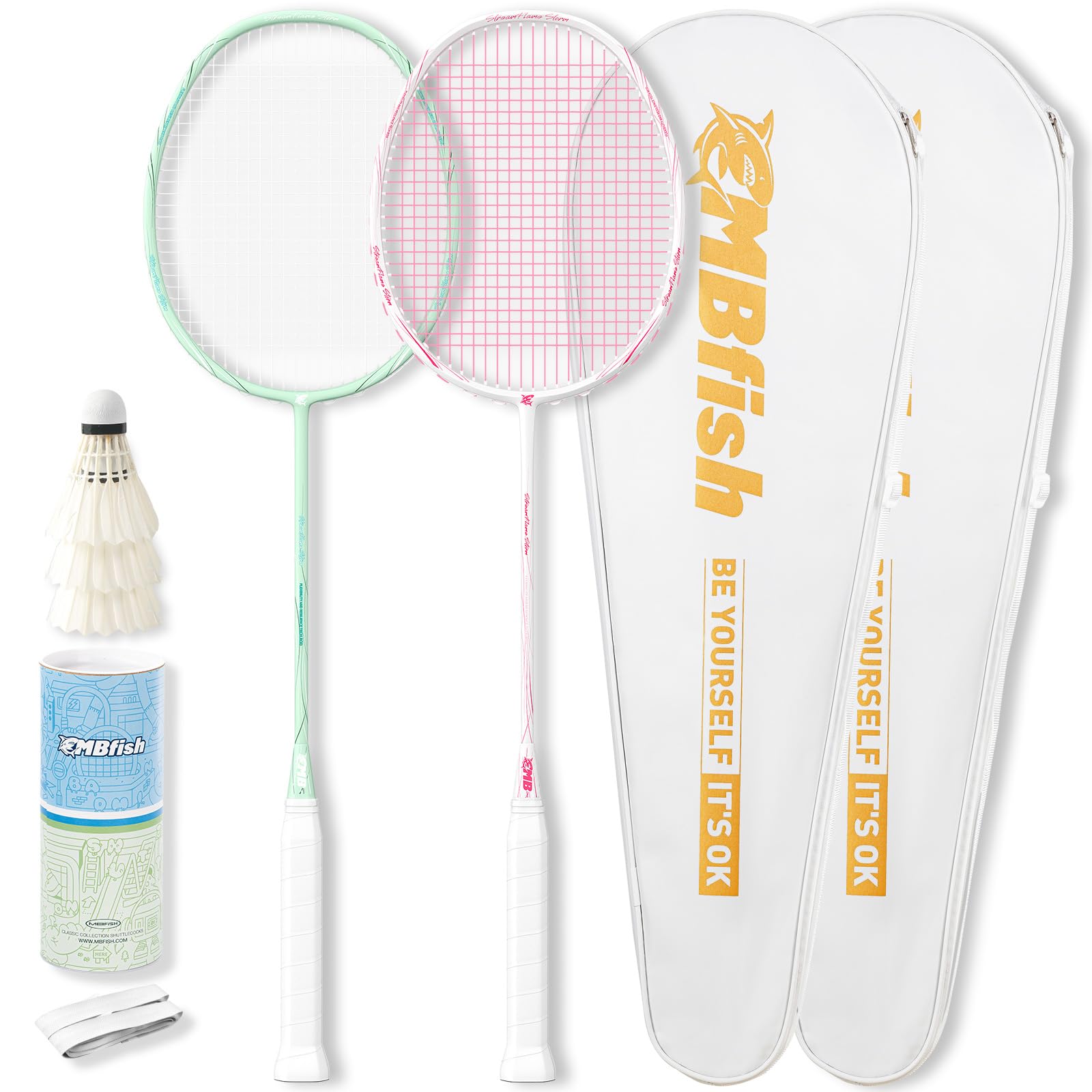 Badminton Racket Set with 2 Carbon Fiber Racquets 5U, 3 Shuttlecocks, 2 Racket Grip Tapes and 2 Badminton Bag - Perfect for Outdoor Games and Gym 5U