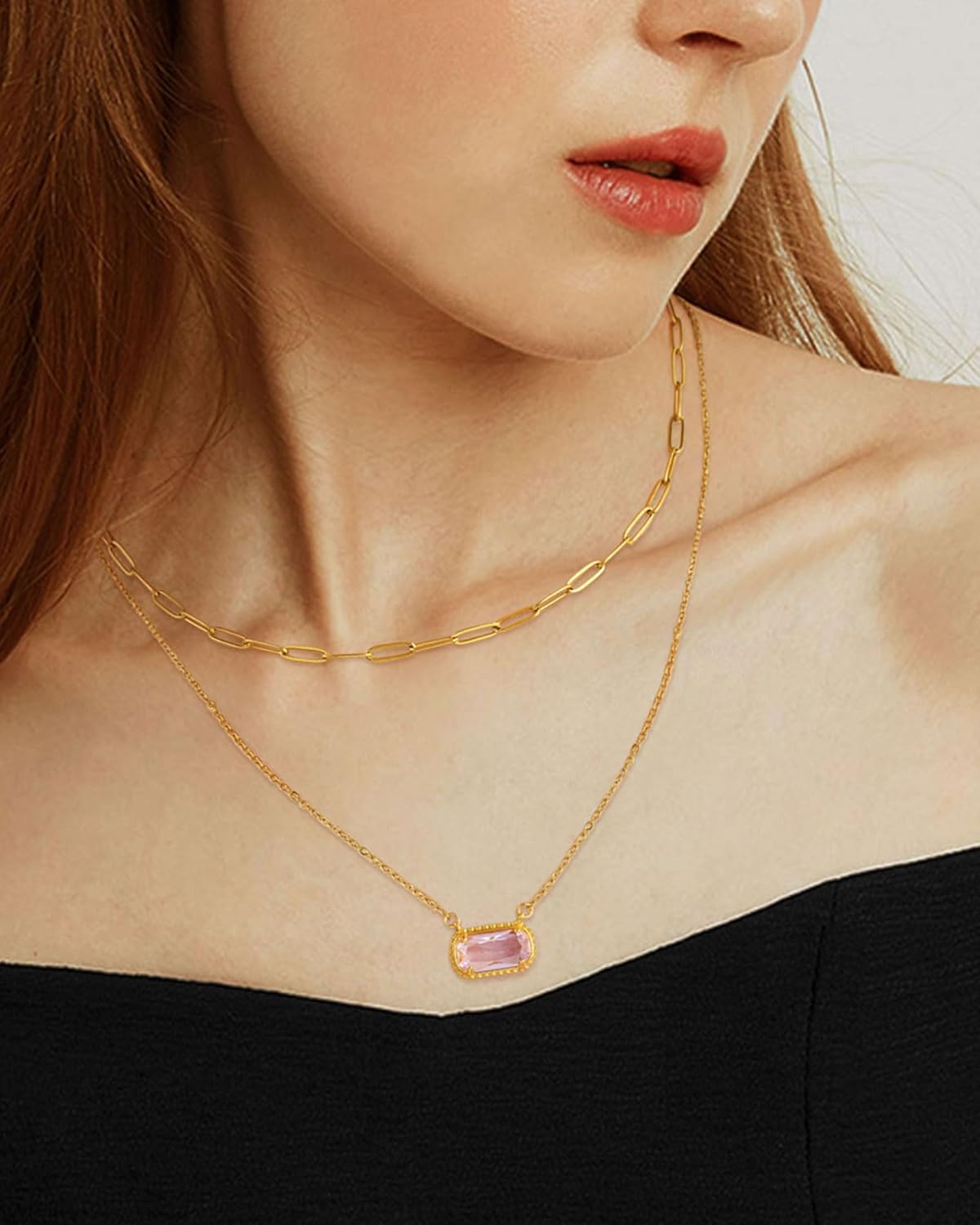 Lourny Gemstone Birthstone Pendant Layered Necklace for Women Trendy, 18K Gold Plated Paperclip Chain Preppy Choker Charm Necklace for Women Wife Jewelry - Image 3