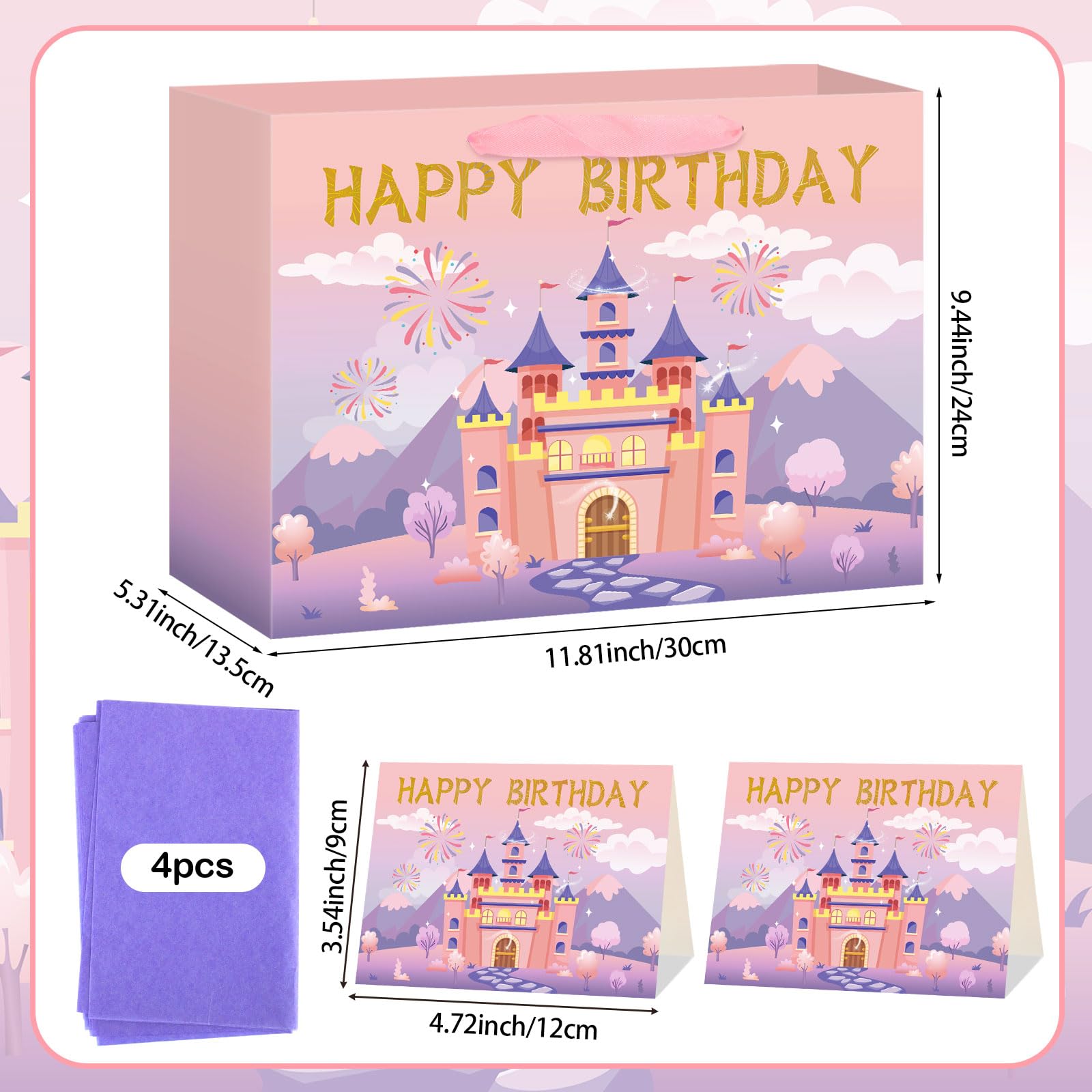 Hooqict Large Princess Gift Bag Birthday Gift Wrap Bag with Ribbon Handles, Tissue Paper, Greeting Card for Kids Girls Women Castle Princess Birthday Party Decorations Favor (Pink and Purple)