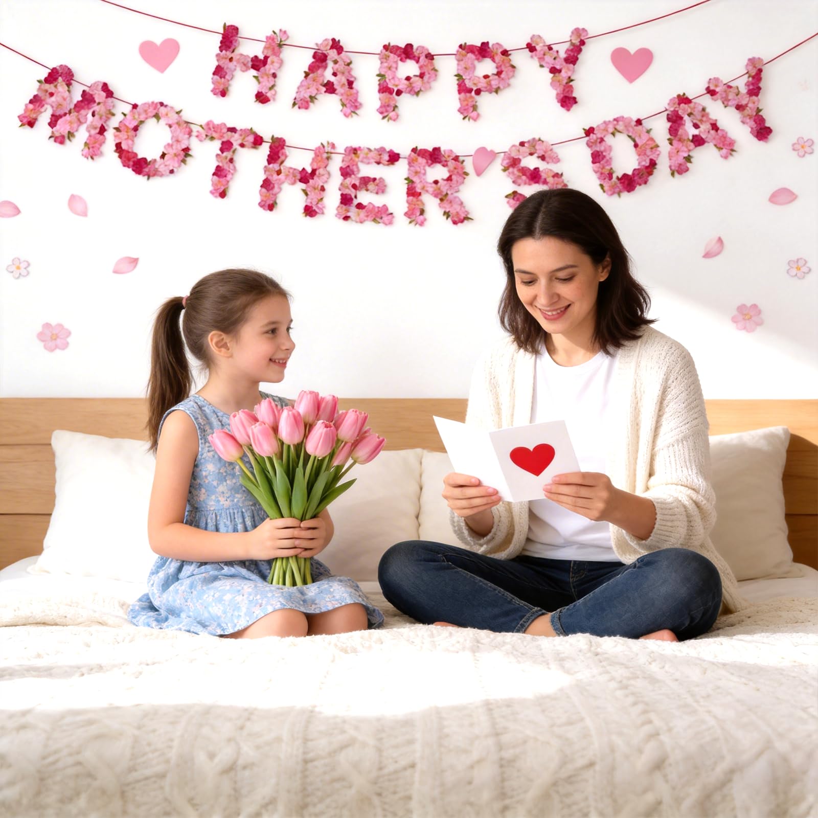 Happy Mothers Day Banner Pink Floral Garland Bunting Party Decoration Hanging Sign for Home Garden Fireplace Dessert Table Celebration Decor - Image 3