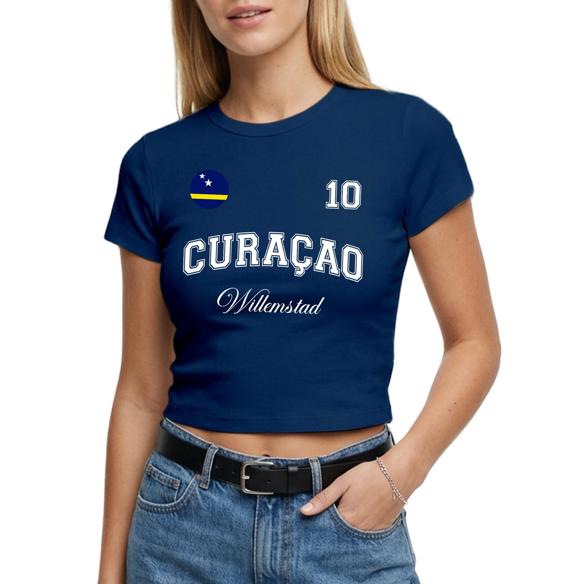 Womens Curacao Baby Tee - Custom City Name Number Badge Short Tshirt Top Supporter Fan Footie Top, XS, Navy