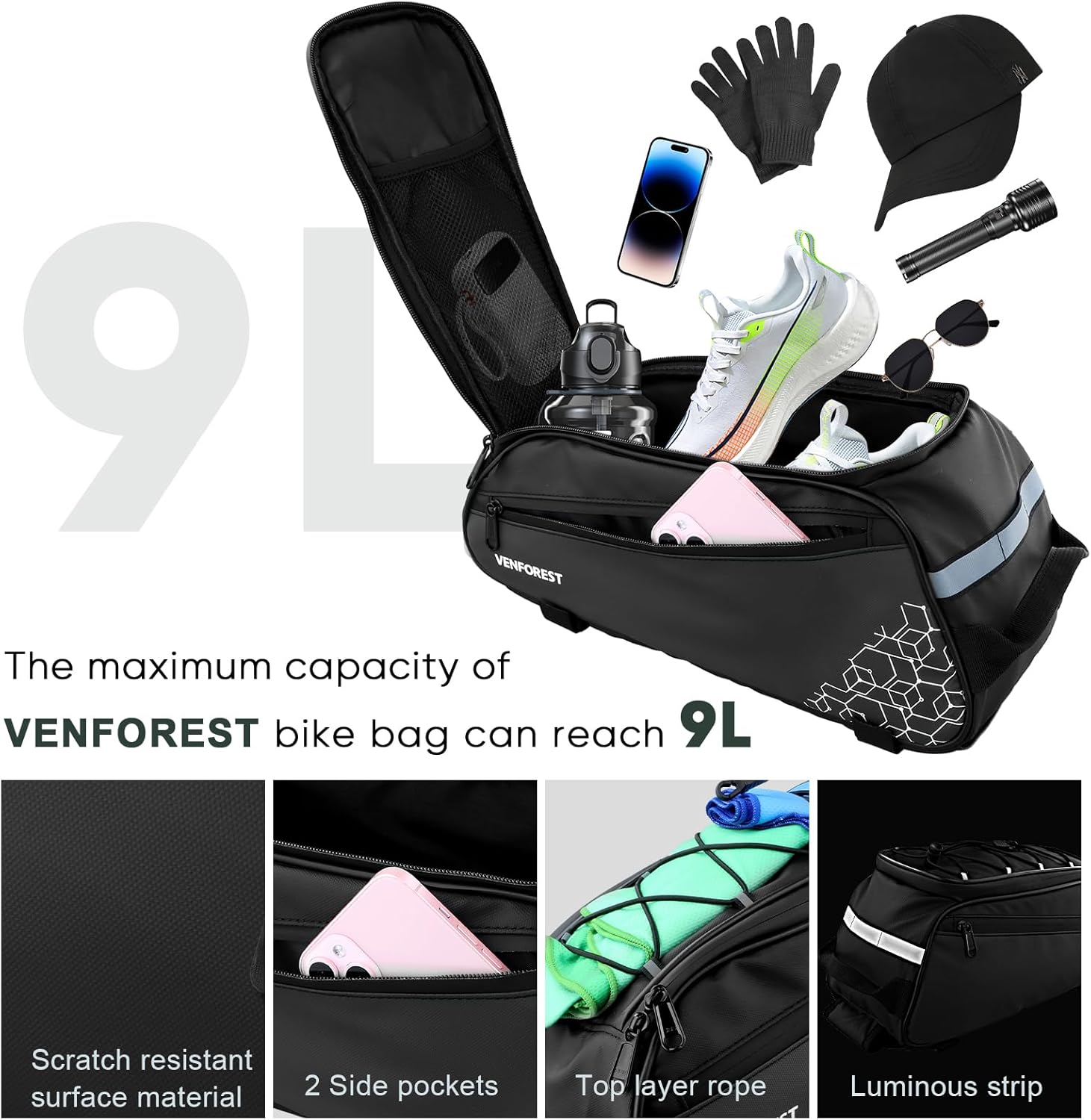 Bike Rear Rack Bag,9L PVC Waterproof Bike Trunk Bag for Road and Mountain Bikes,Bicycle Rear Seat Bag with Rain Cover Bike Saddle Bag for Cycling Trip (Pure Black)