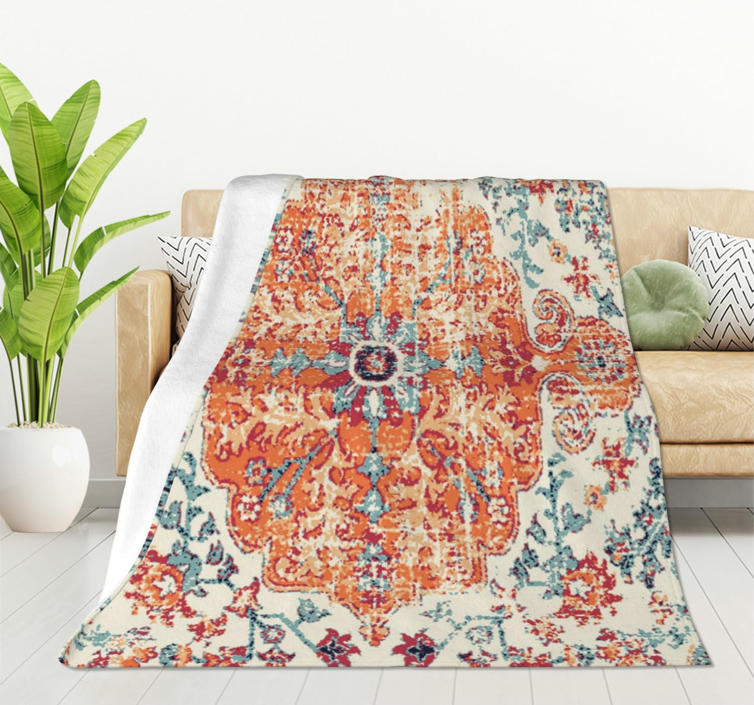HGOD DESIGNS Carpet Pattern Boho Style Ethnic Design Orange Blue Blanket Throw Blanket Soft Comfortable for Sofa Chair Bed Office 100x130cm — image 1