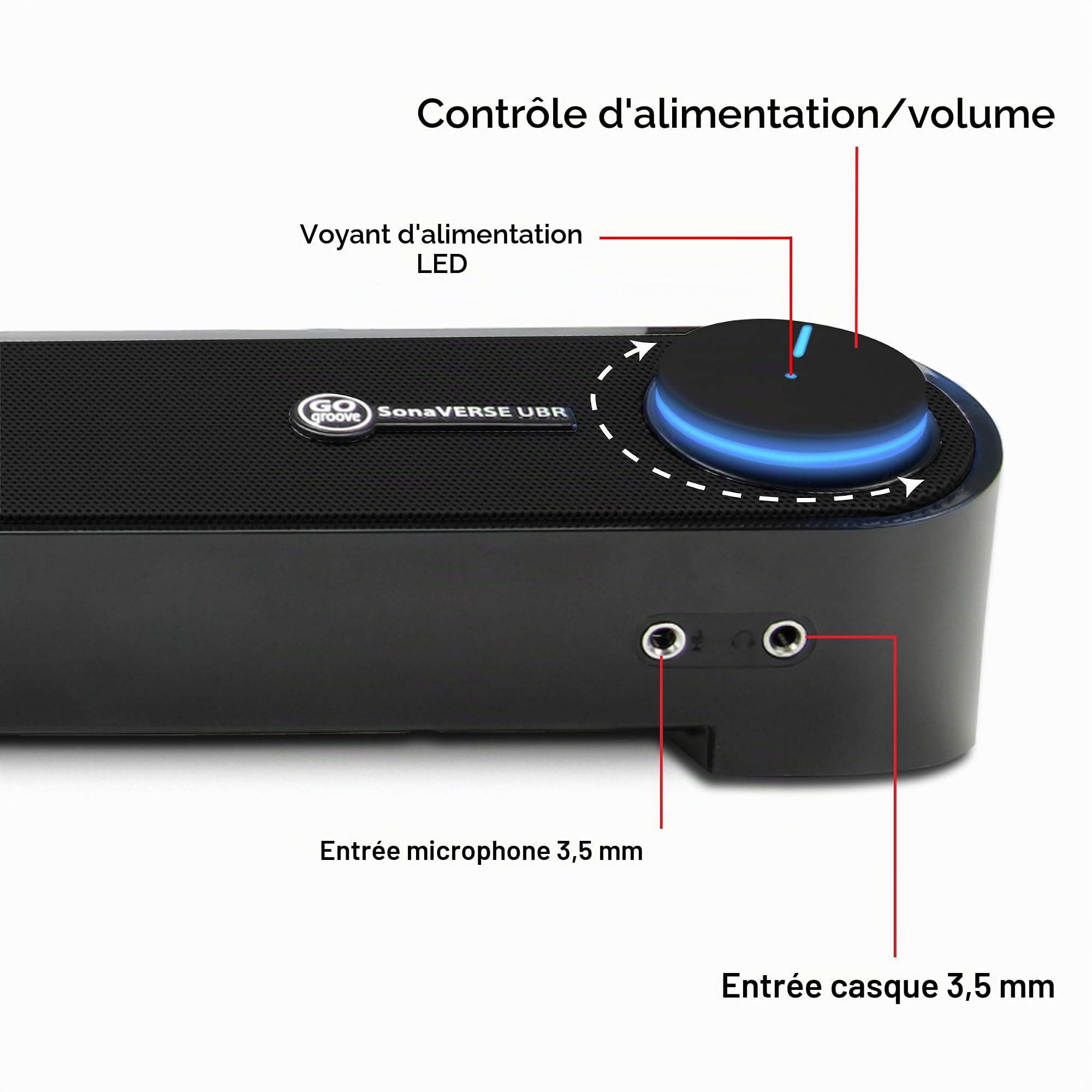 GOgroove Barre de son pour PC - Haut-parleur stéréo portable 2.0 avec ports audio intégrés, bouton d'alimentation LED éclairé, alimentation USB, pour PC, ordinateurs portables et ordinateurs portables