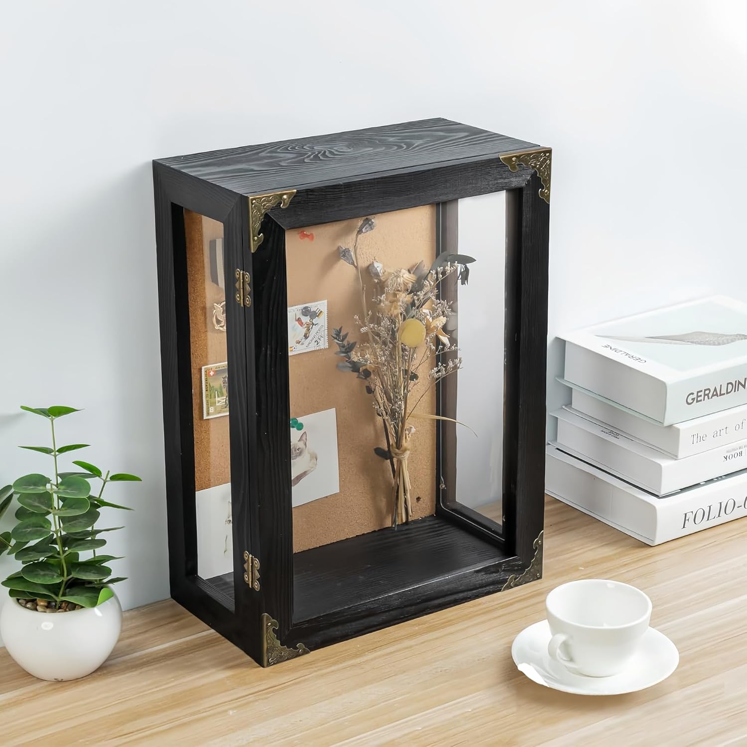 Deep Shadow Box Frame, 11x15x5 Inch Black Solid Wood Wall Mounted Shadow Boxes Display Cases with Vintage Metal Door Lock, Clear Acrylic Panel for Flowers, Picture, Keepsake Display