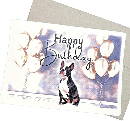 Boston Terrier - Tarjeta de felicitación de cumpleaños (7 x 5 pulgadas, 1 tarjeta, interior en blanco), tarjeta de felicitación de feliz cumpleaños