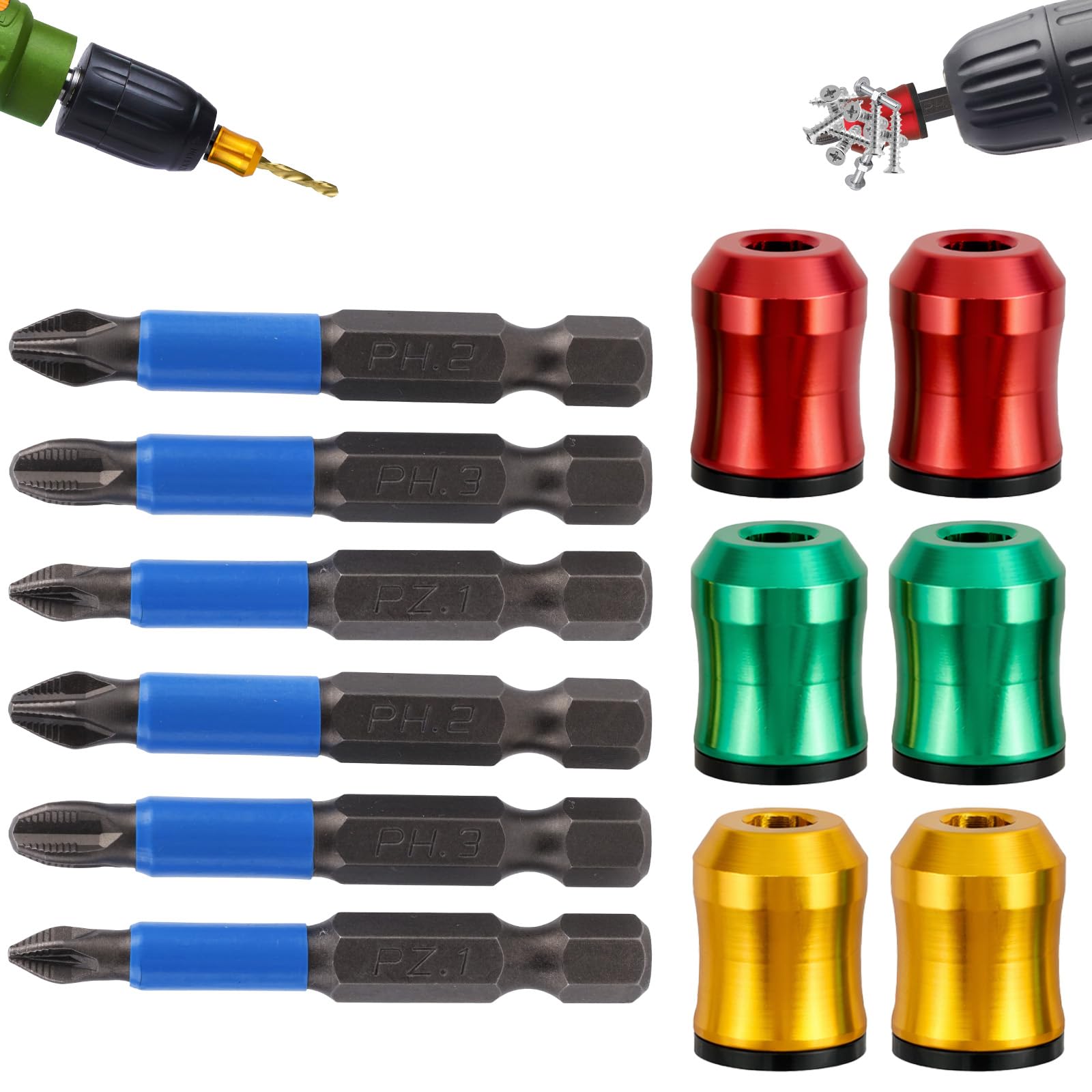 6pcs Magnetic Screw Rings with 6pcs Drill Bits, Removable Screwdriver Head Magnetic Ring Holder for Hex Screwdrivers & Power Drill Tools