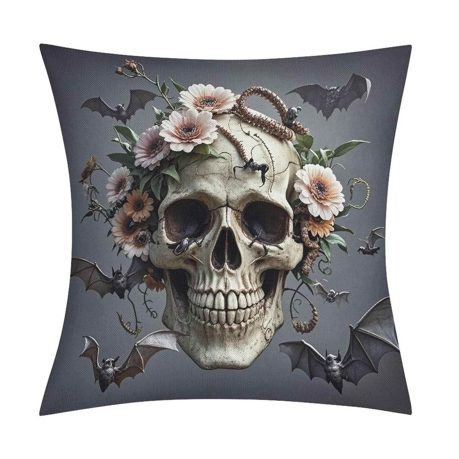 FekiLoot Skull Flower Throw Pillow Cover Soft Square Cushion Case Farmhouse Cushion Cover Decorative Pillow Cover Modern Pillowcase for Sofa Living Room Bed Home Decor 18x18 Inch