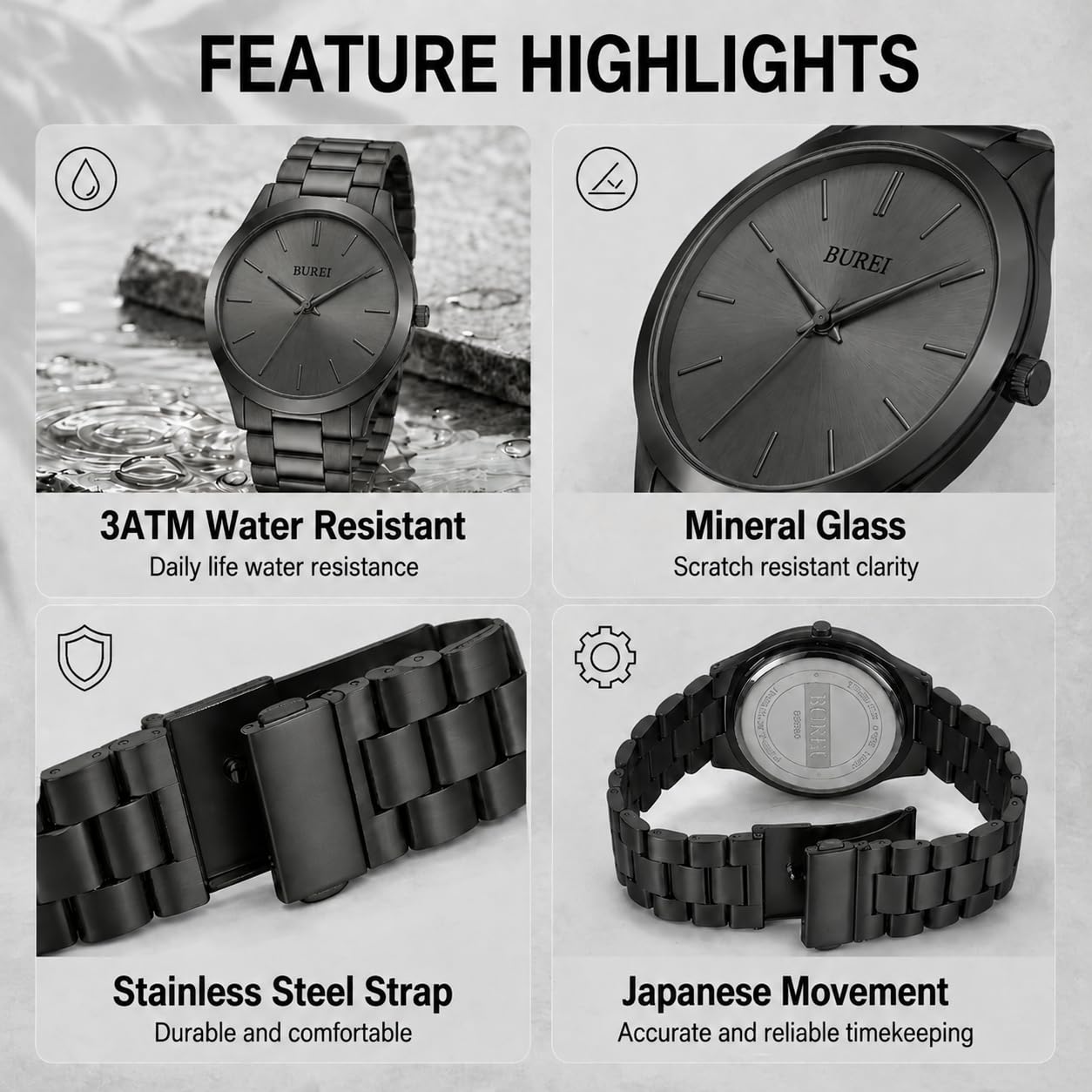 BUREI Reloj de Pulsera de Cuarzo para Hombre, de Acero Inoxidable, con Movimiento japonés, de Lujo, 42 mm