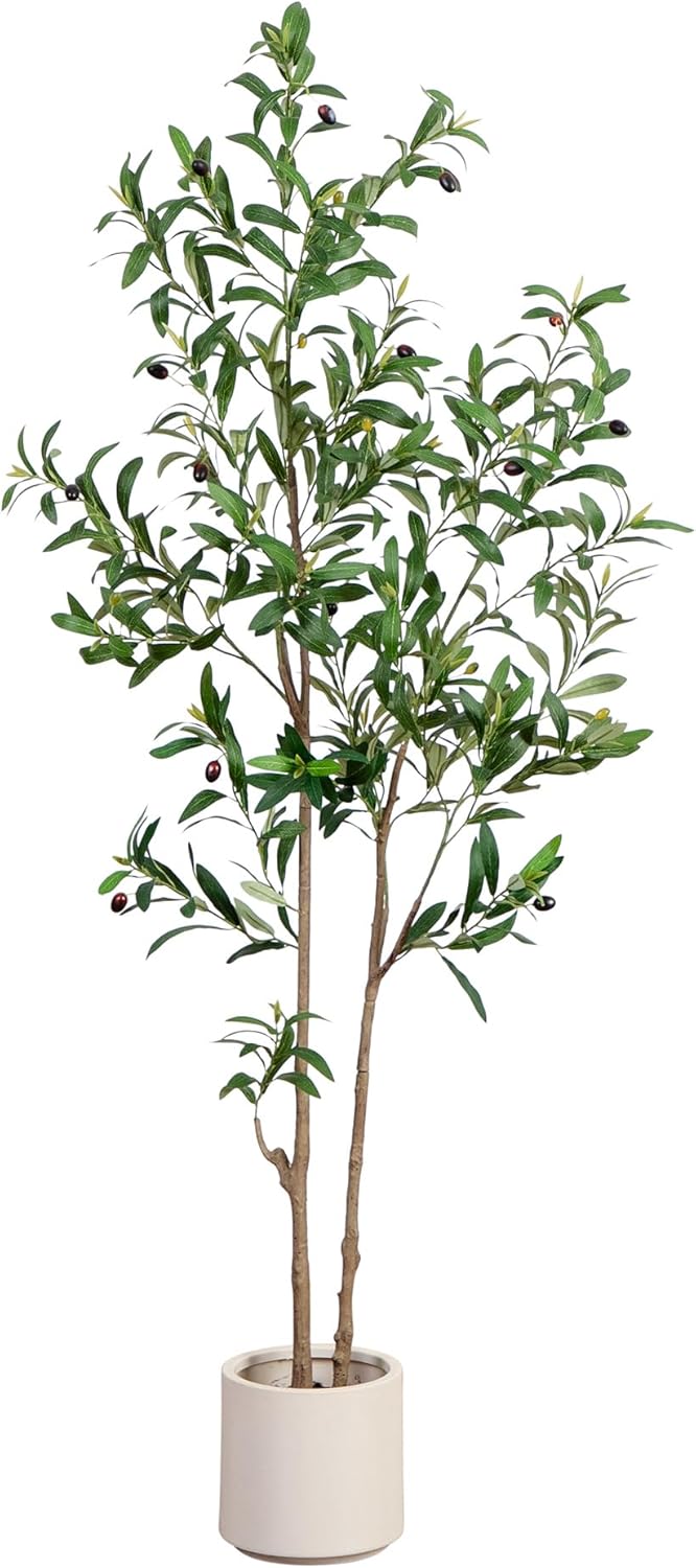 Nearly Natural 5ft Minimalist Olive Tree – Artificial Indoor Tree with Faux Olives, Bendable Branches, and White Decorative Planter with Faux Soil – Realistic Greenery for Home or Office Decor