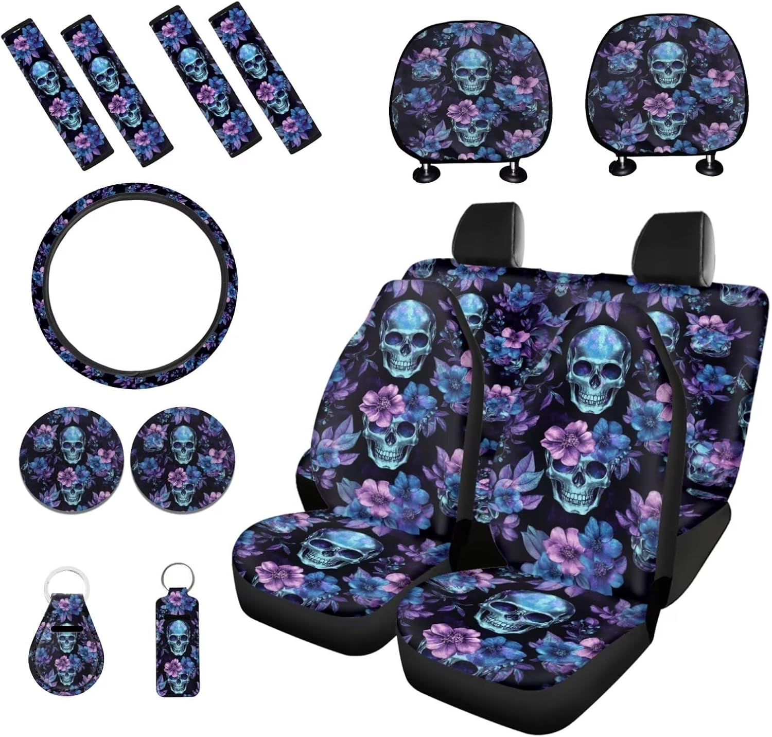 Skull Floral Printed 15 Pcs Car Seat Cover Full Set, Front and Rear Seat Covers with Steering Wheel Cover Seat Belt Covers Car Headrest Cover Car Coaster Lipstick Holder Keychian