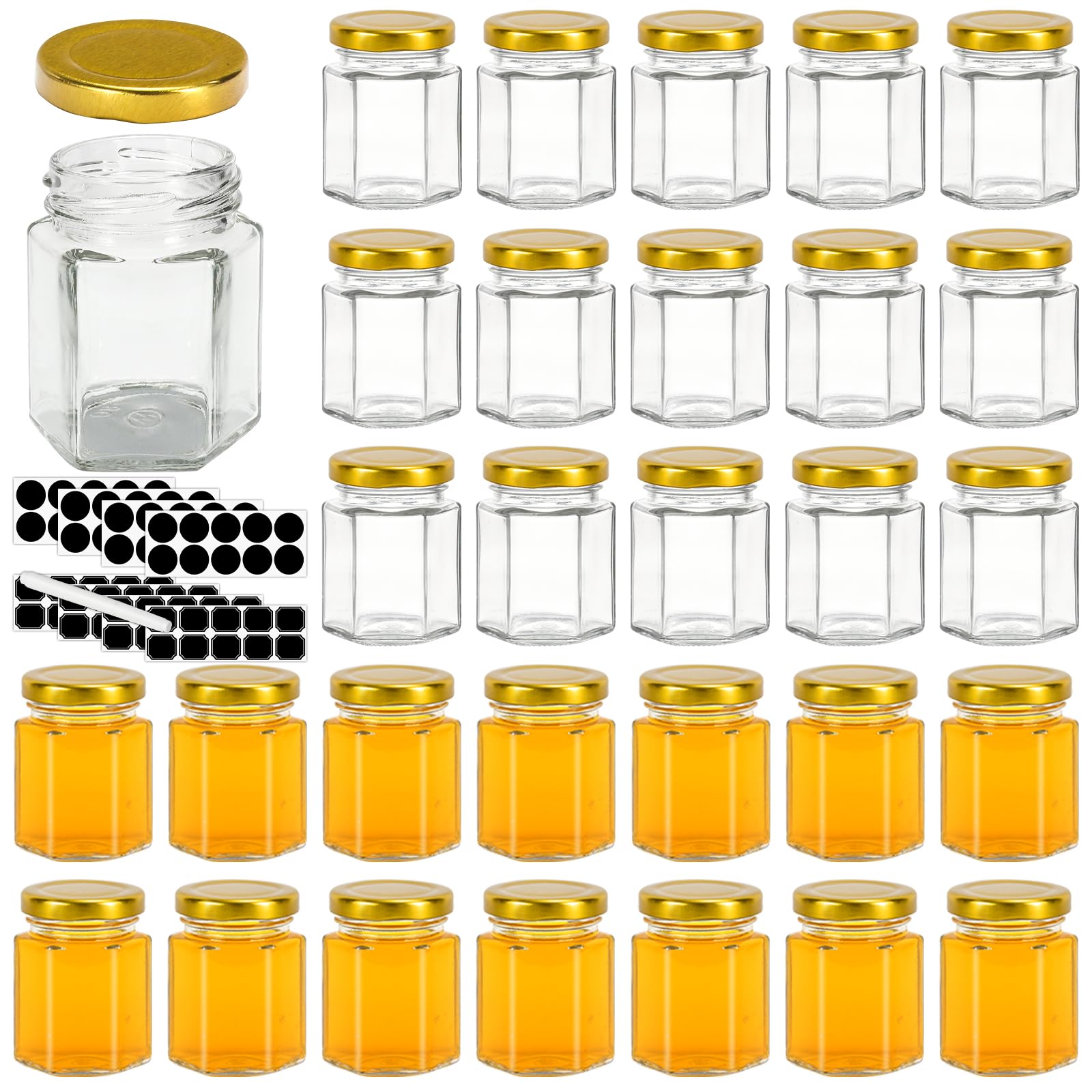 Haneye 3 oz Hexagon Glass Jars with Gold Lids, 30 Pack Honey Jars Canning Jars Small Spice Jars for Jelly, Herb, Jams, Candy, Wedding Favors, Includes Labels and Pen