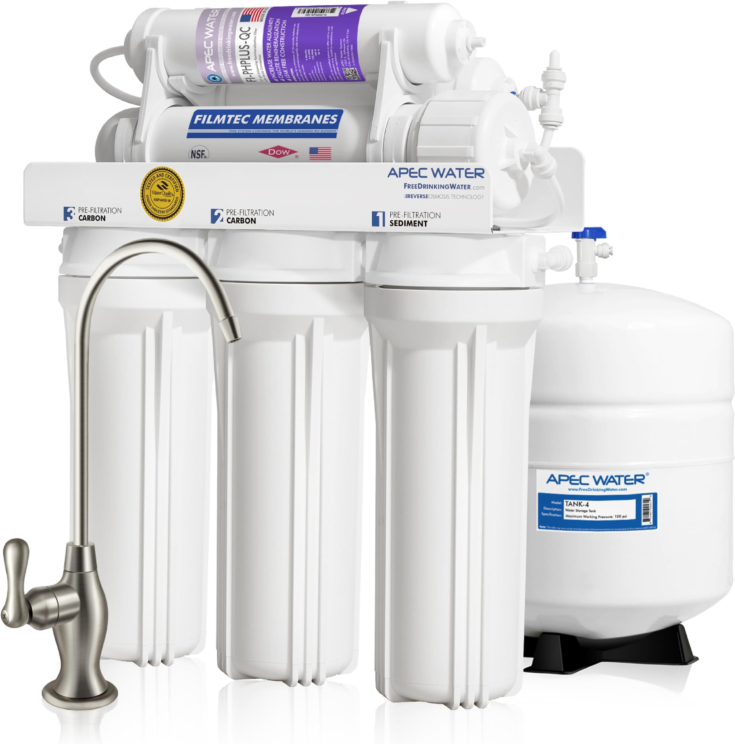 APEC Water RO-PH90, 6-Stage Alkaline Under Sink Reverse Osmosis Water Filter System, NSF Certified 372 & 58, 90 GPD, Reduces 99% of Impurities