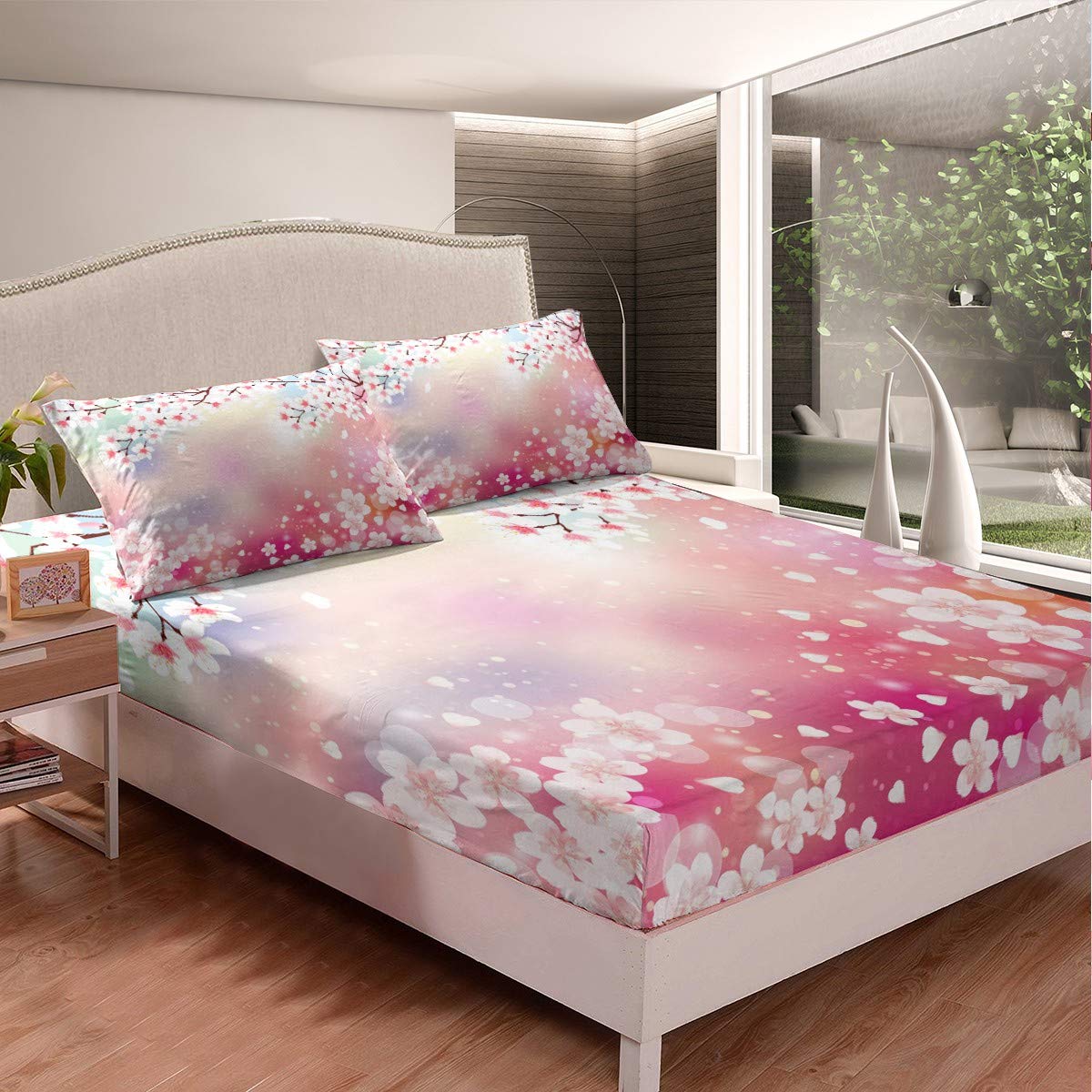 Parure de lit motif floral cerisier drap de lit floral botanique drap-housse lit simple chambre