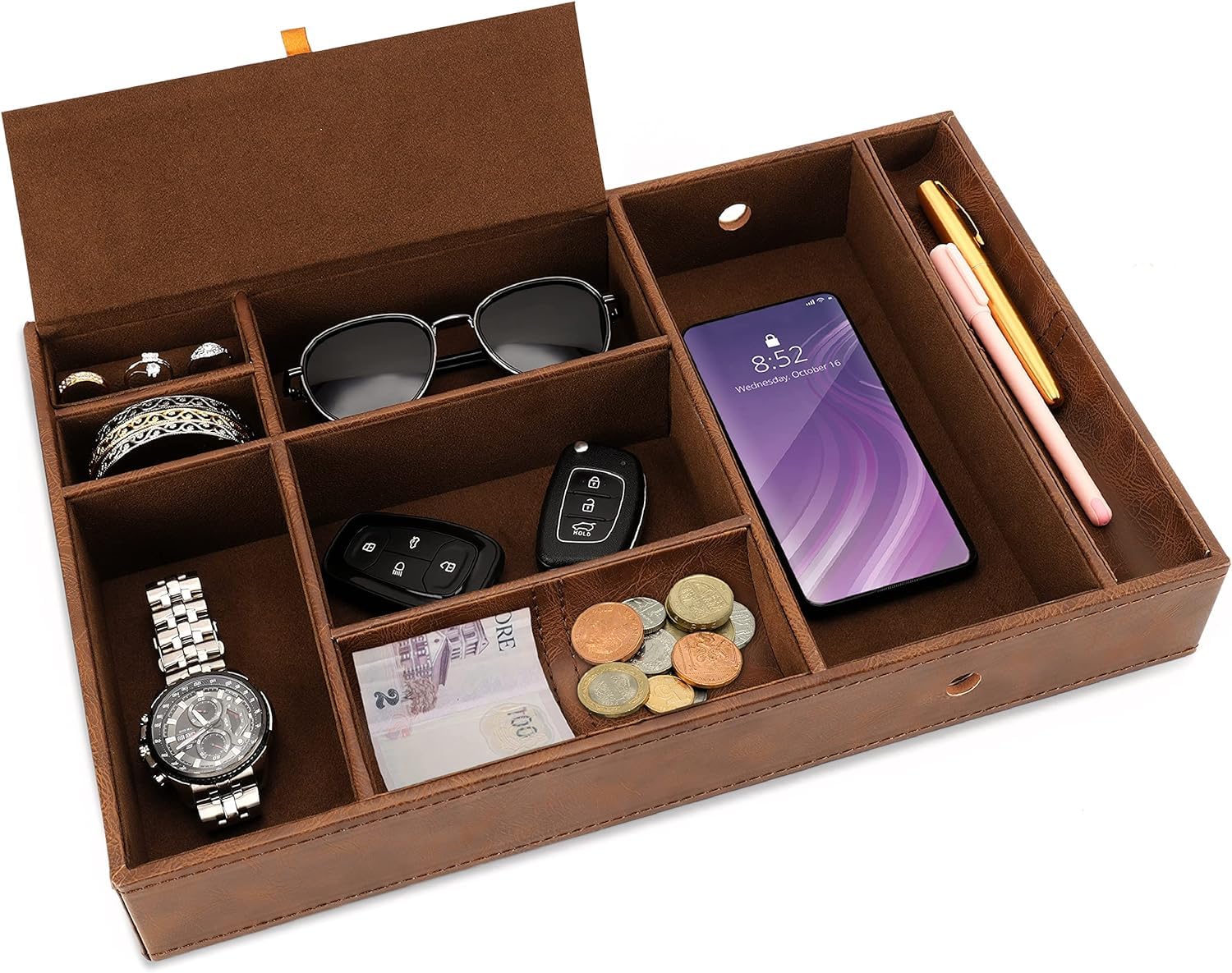 GIFTONVY PU Leather Night Table & Desk Organiser Men's Accessories System Desk Shelf with 6 Compartments for Wallet, Phone, Jewellery, Money, Cufflinks & Keys Storage-picture-23
