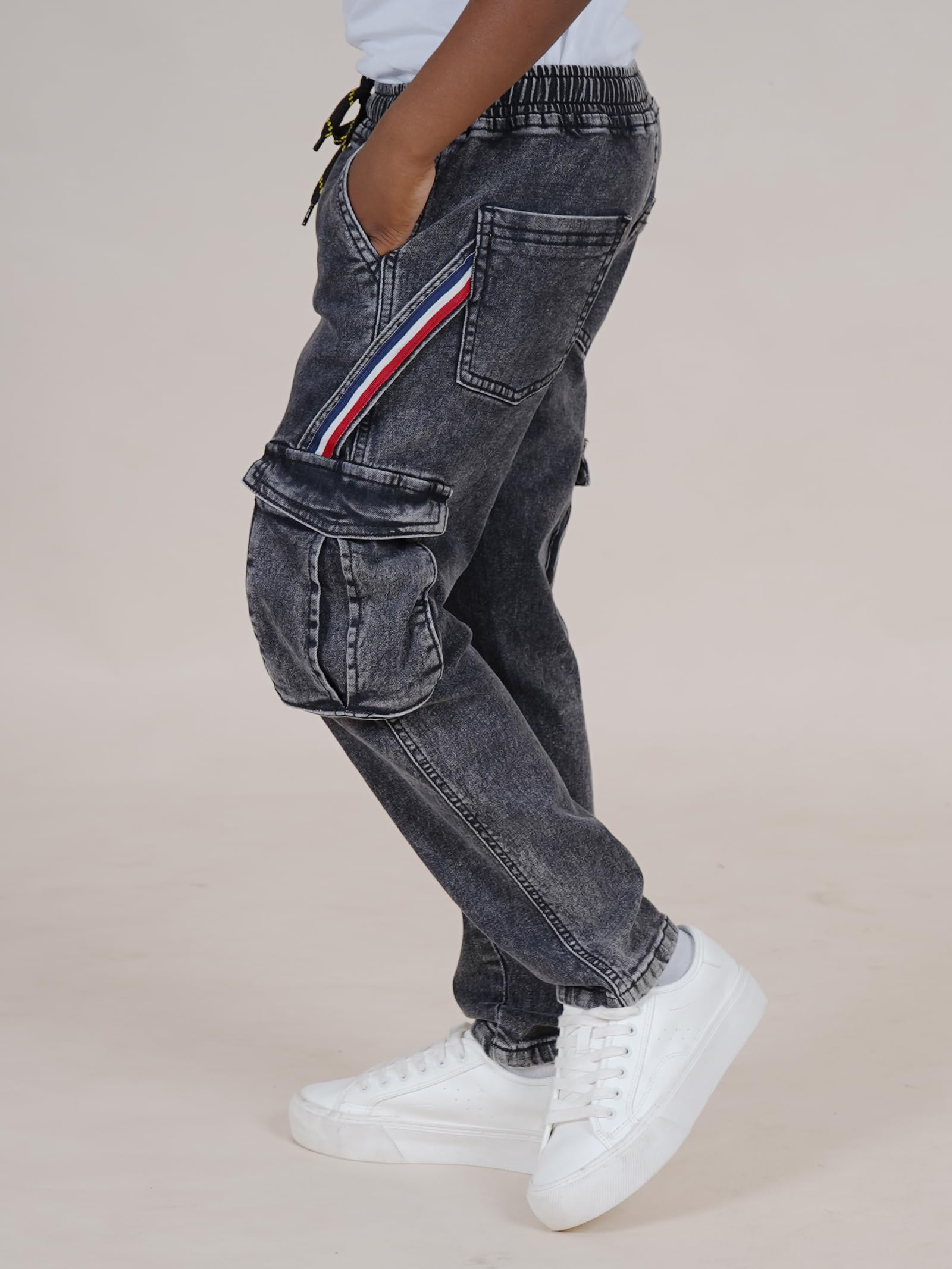 KiddoPanti Boys Full Length Cargo Pocket Denim Jean with Side Strap & Elasticated Drawstring, Black Acid Wash, 1-2Y - Image 4 thumbnail
