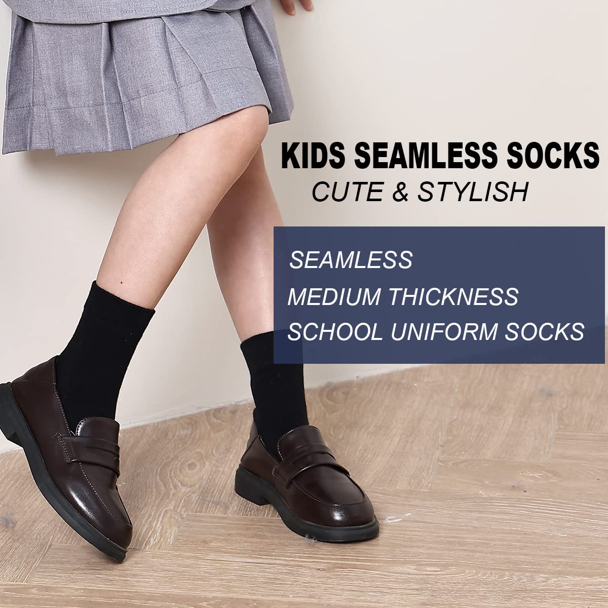 Marchare Chaussettes pour enfants sans couture Girls Crew en coton, blanches, noires et grises, lot de 6.