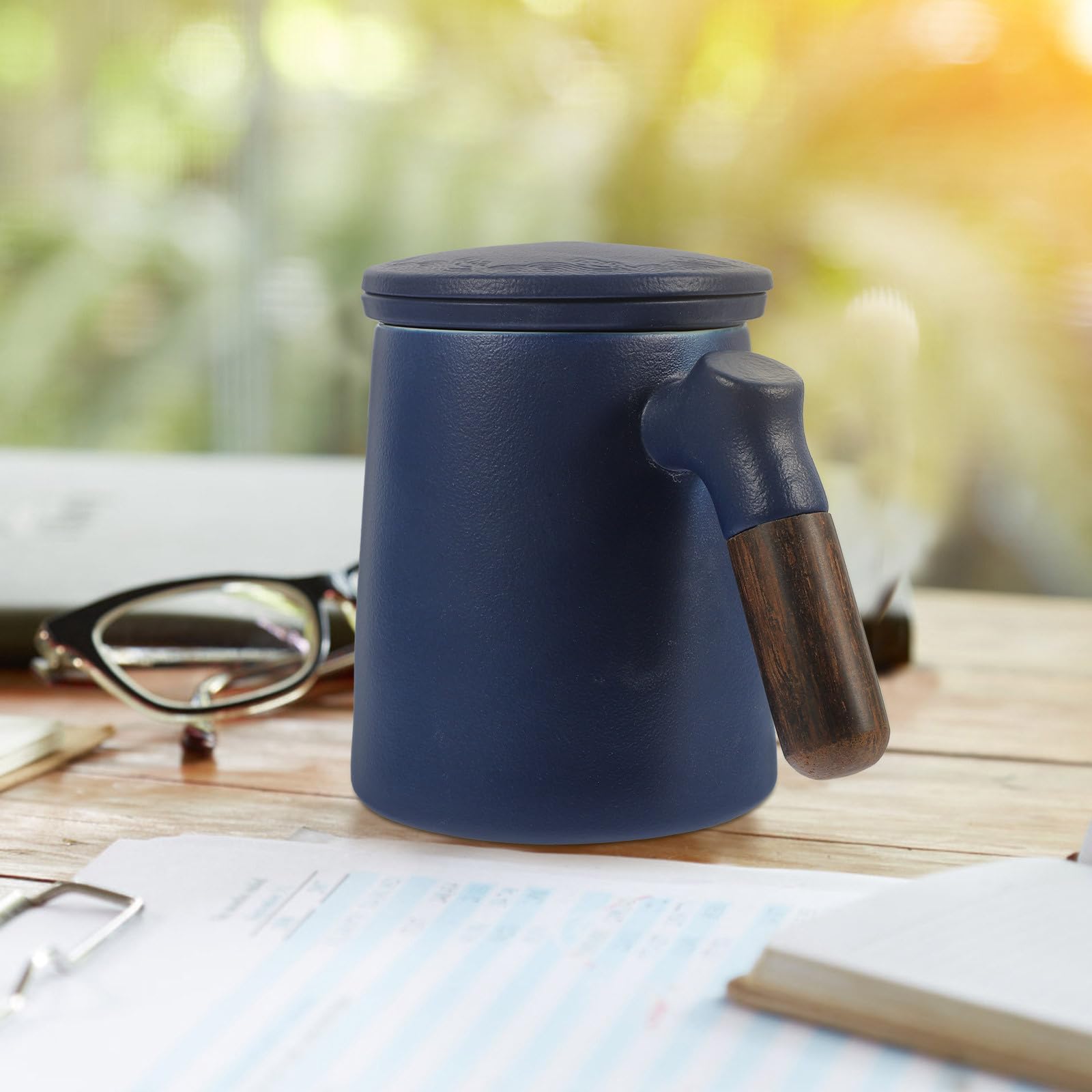 Hemobllo Taza con Filtro de Té 320ml de Cerámica Azul con Tapa | Hogar y Oficina, Diseño para Separar Hojas, Ayuda a Reducir Residuos y Mantener la Bebida Limpia