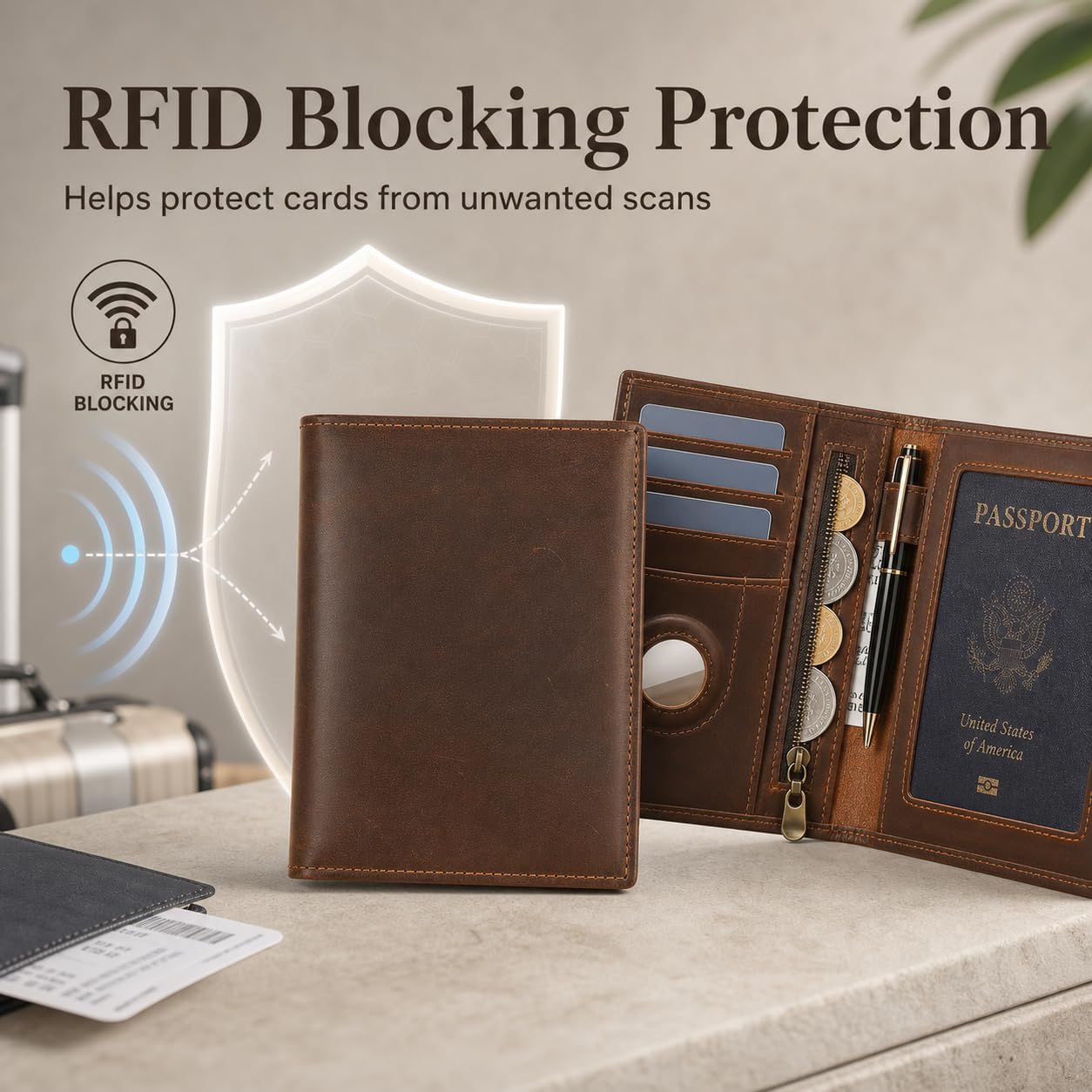 Mens Passport Wallet, AirTag Holder, RFID, Leather Travel, Coffee | Crazy Horse Leather, RFID Blocking, AirTag Holder, Passport Slot, 3 Card Slots, Zipper Pocket, Pen Holder, Slim Travel Wallet