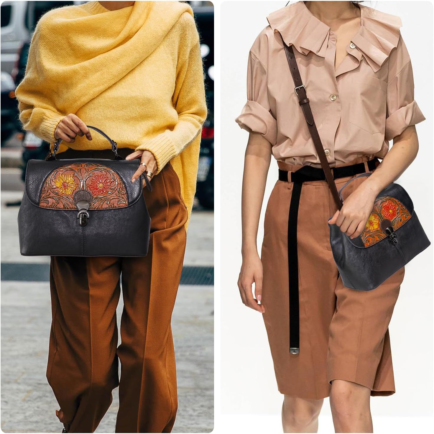 Genuine Leather Vintage Bag & Wallet Set for Women - Cowhide Crossbody Purse with RFID Blocking Wallet, Flower Embossed Retro Gift Combo - Image 2