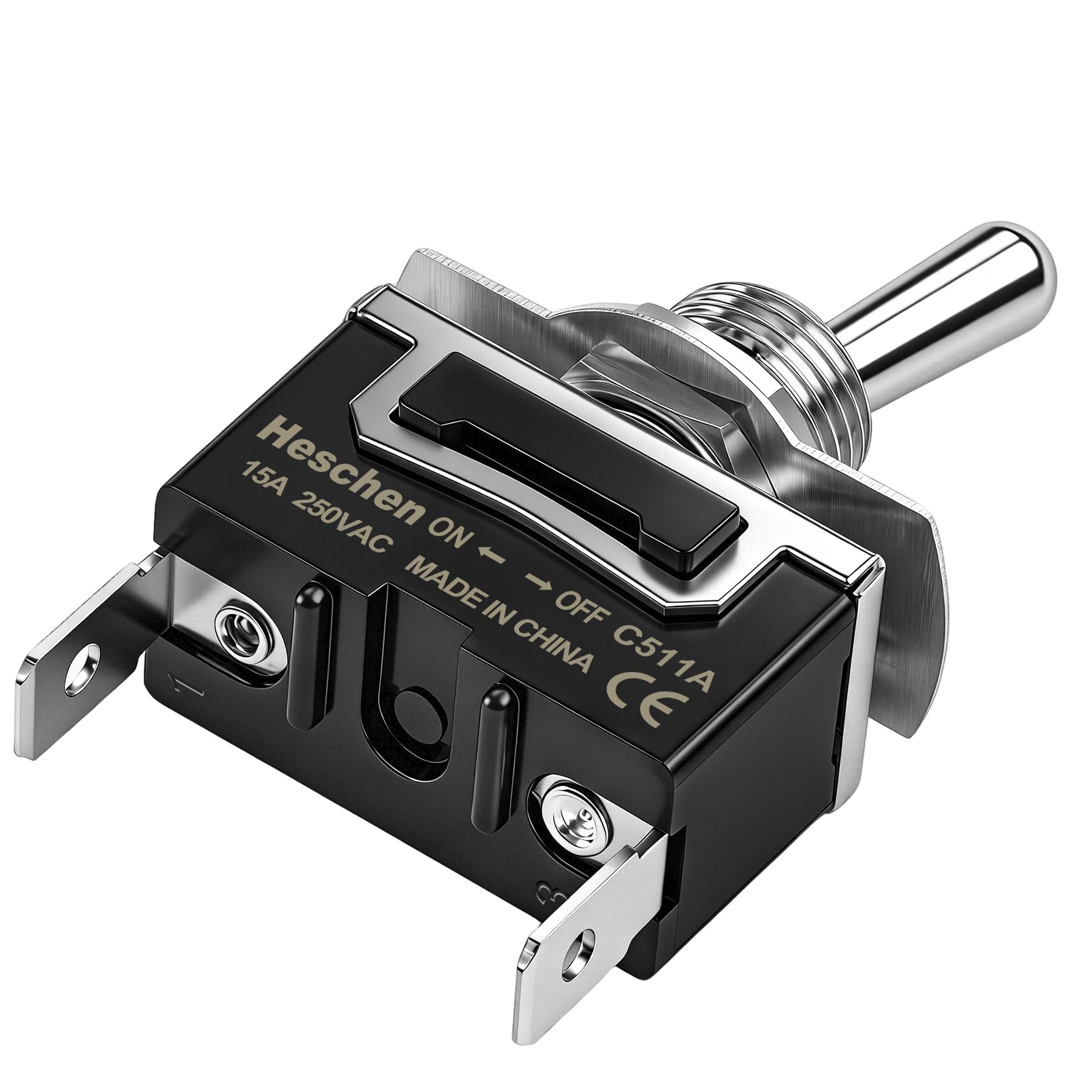 Heschen Przełącznik dźwigienkowy z metalu, C511A, SPST, światło ciągłe, wł./wył. 2 pozycje, 15 A 250 V AC, 2 wtyczki płaskie, CE (20)