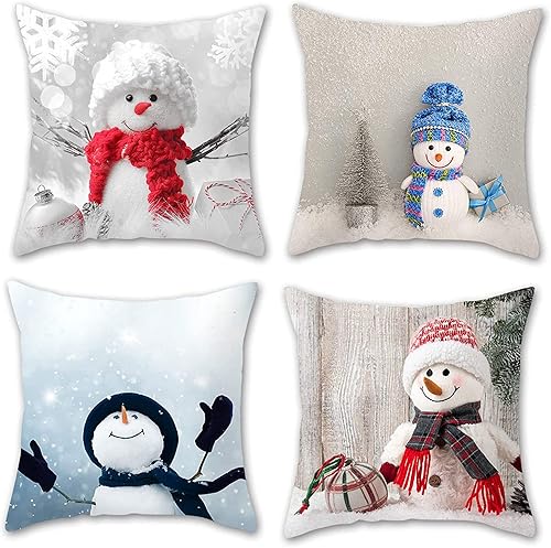 Juego de 4 fundas de almohada decorativas de muñeco de nieve de Navidad de 18 x 18 pulgadas, fundas de almohada decorativas de invierno para sofá,