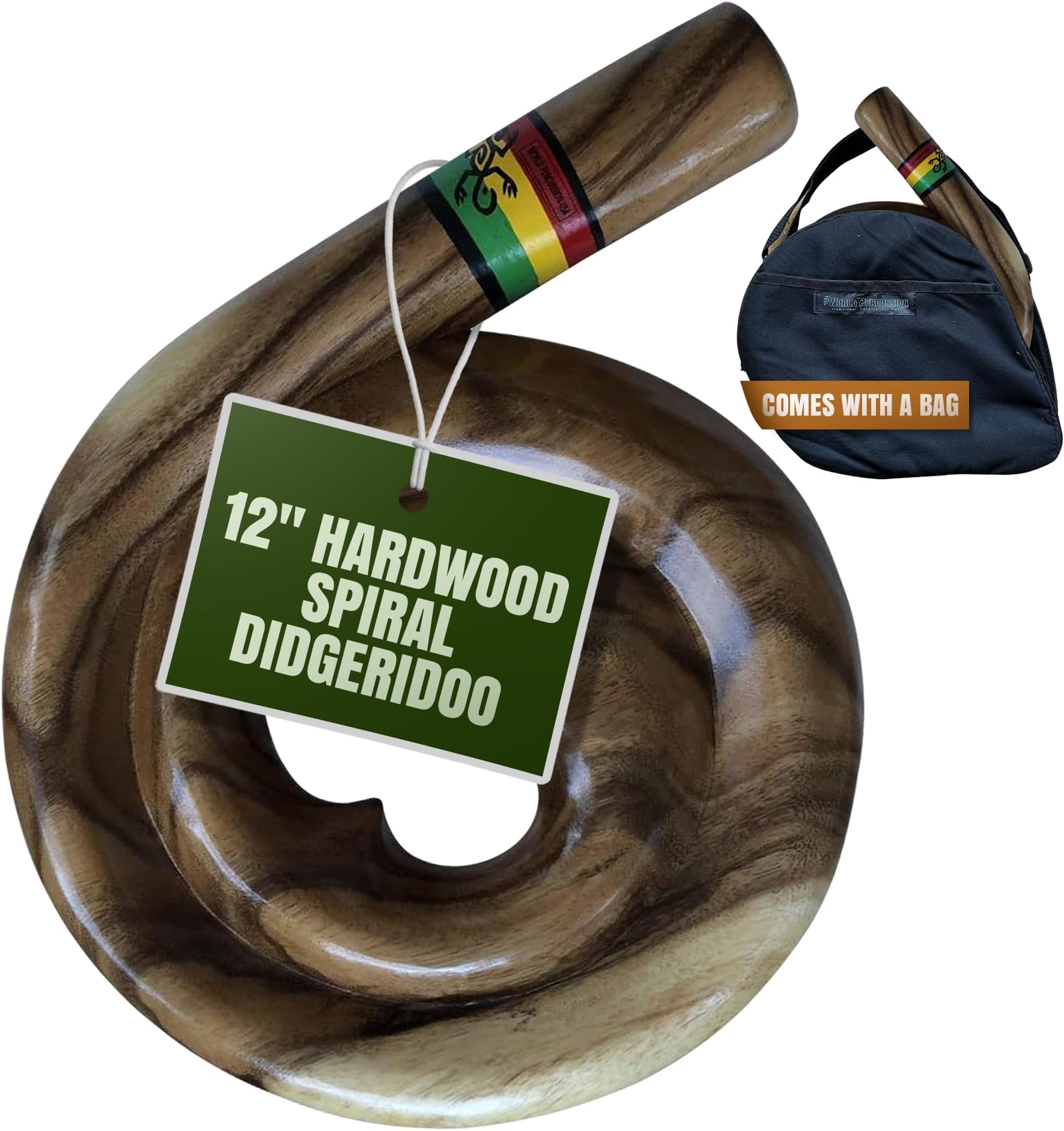 World Percussion USA Hardwood Spiral Didgeridoo Instrument - Compact Travel Didgeridoo Musical Instrument, Natural Wood Grain Finish, Rasta Gecko Stripe, Circular Breathing, Lightweight & Portable