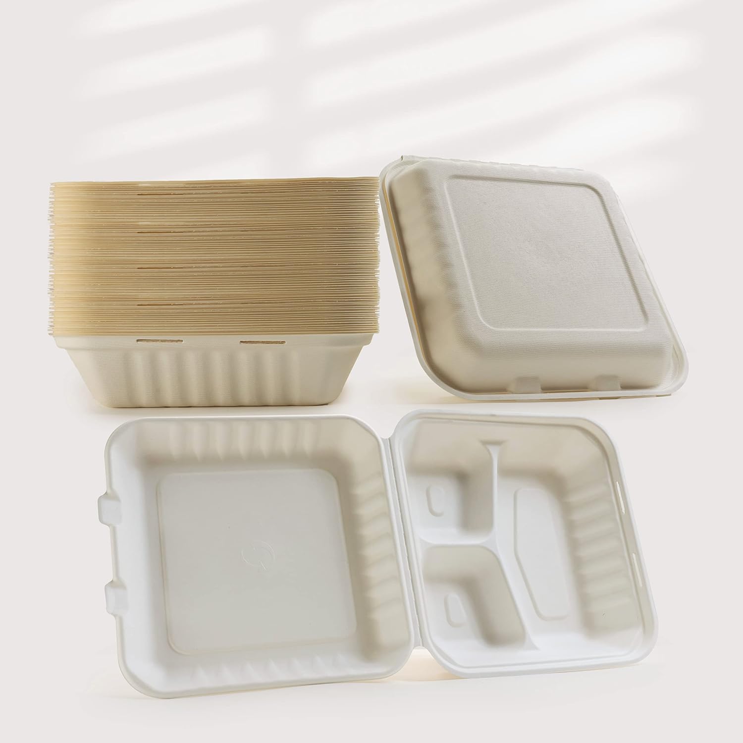 75 Count Green Wave 9"x9"x3" Clamshell Take Out Food Containers | 3 compartments food container |100% Compostable To Go Containers | Hinged Disposable food container with lids | Eco Friendly Product.: Industrial & Scientific