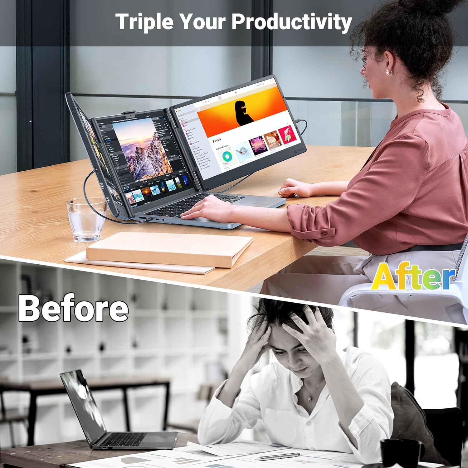 Ygretyrjh Laptop Screen Extender, 14" Triple Portable Monitor for Laptop, 1080P FHD IPS Screen Extender Monitors for 13"-17", Travel Monitor for Mac/Windows/Chrome, Built-in Speakers - Image 3