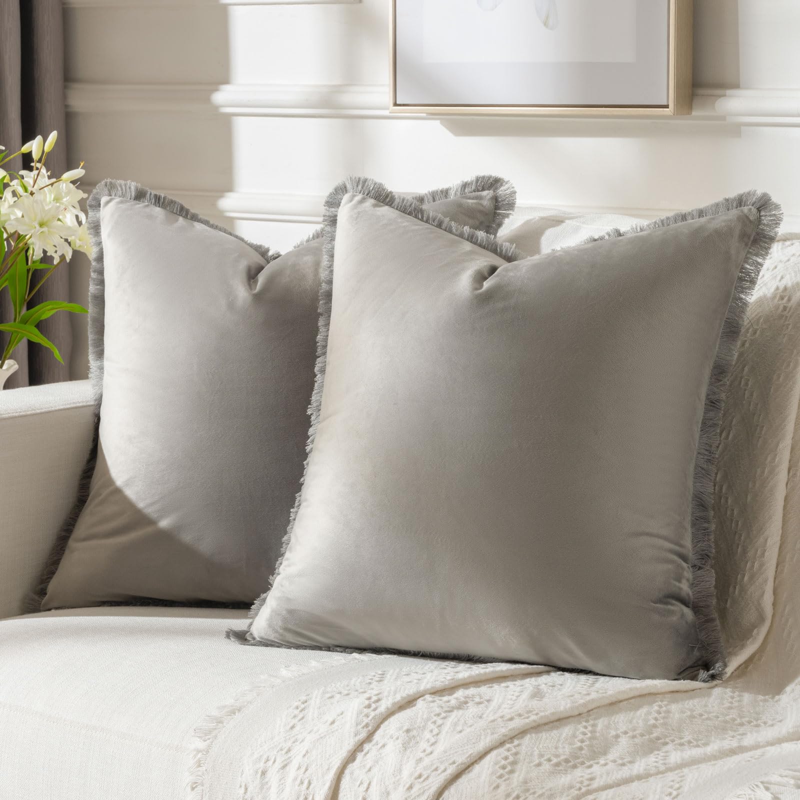 FUTEI Grey Velvet Decorative Throw Pillow Covers 20x20 Set of 2,Soft Cozy Edge with Tassels Cushion Case,Boho Modern Home Decor for Couch Bed Living
