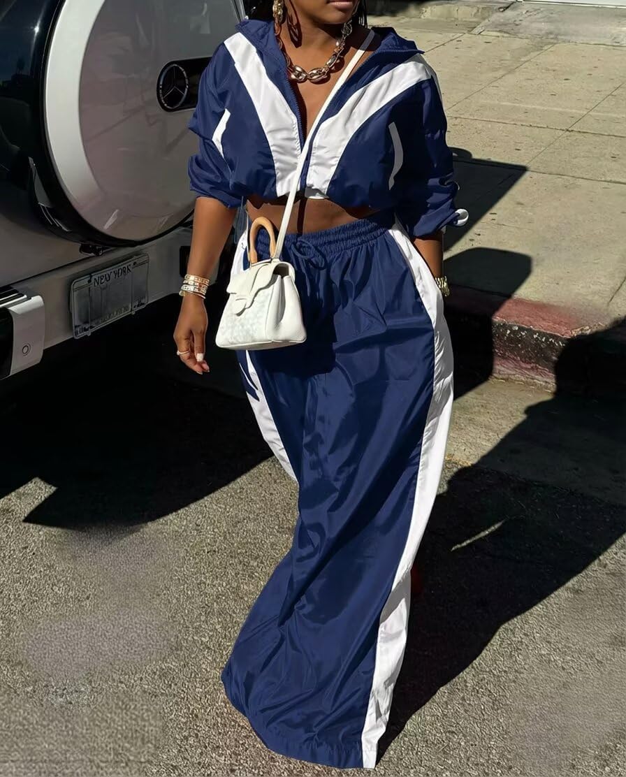 Women Striped 2 Piece Outfits Fall Workout Sets Windbreaker Tracksuit Crop Jacket Wide Leg Pants with Pockets