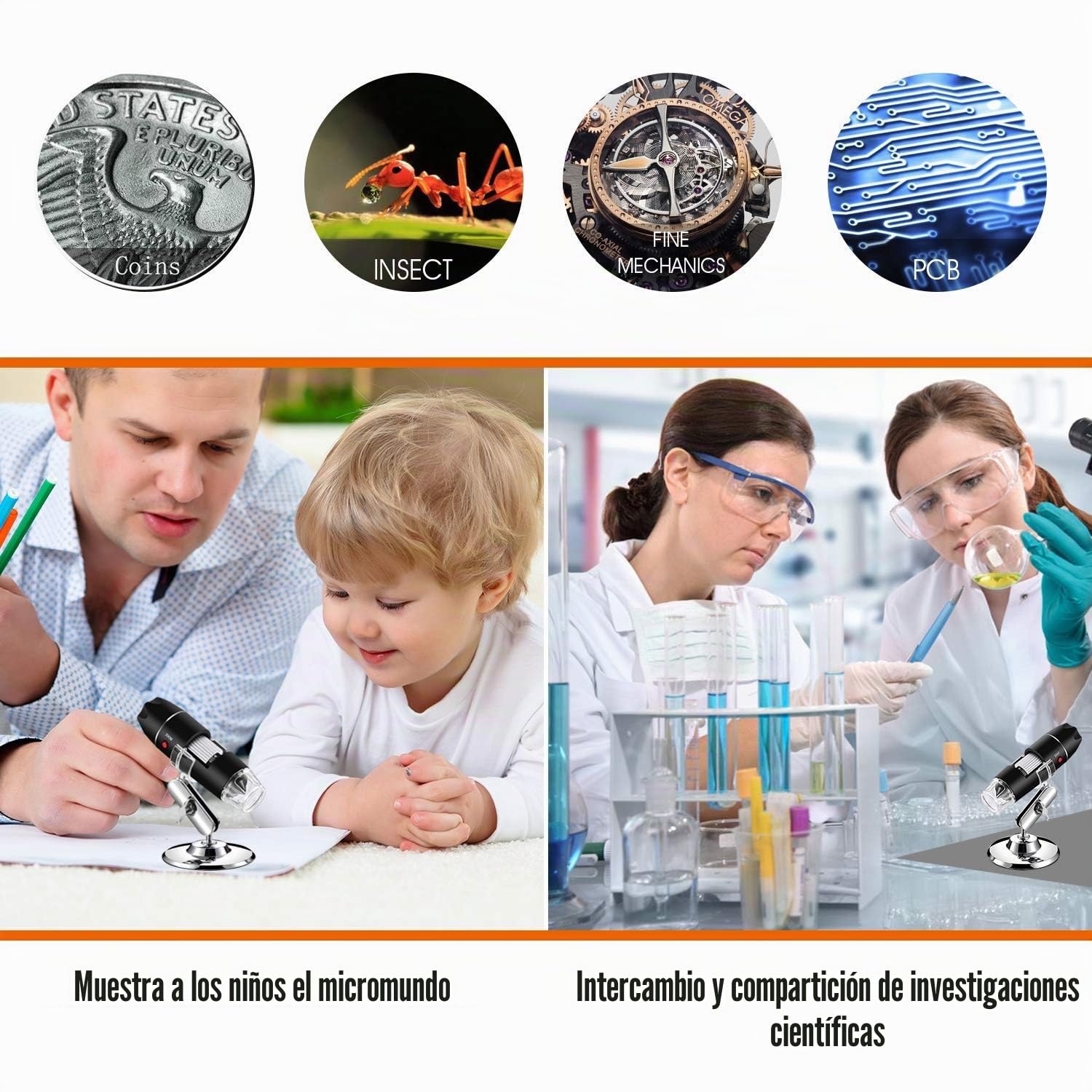 Microscopio Digital USB 40X a 1000X, Bysameyee 8 LED Cámara de endoscopio de Aumento con Estuche y Soporte de Metal, Compatible para Android Windows 7 8 10 Linux Mac