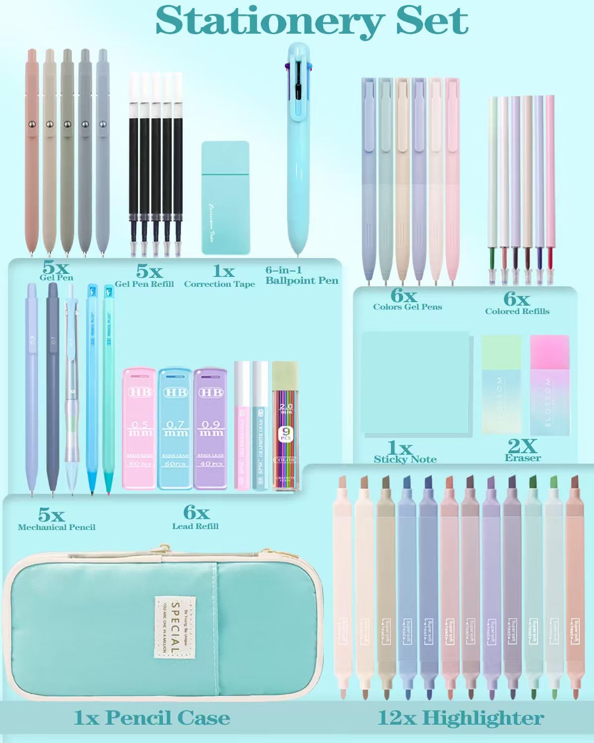 Set di articoli per la scuola estetica, 54 pezzi, con astuccio, 12 evidenziatori, 5 penne gel nere e 6 colorate, penna a sfera 6 in 1, 5 matite meccaniche da 0,5-2,0 mm, per articoli essenziali per il