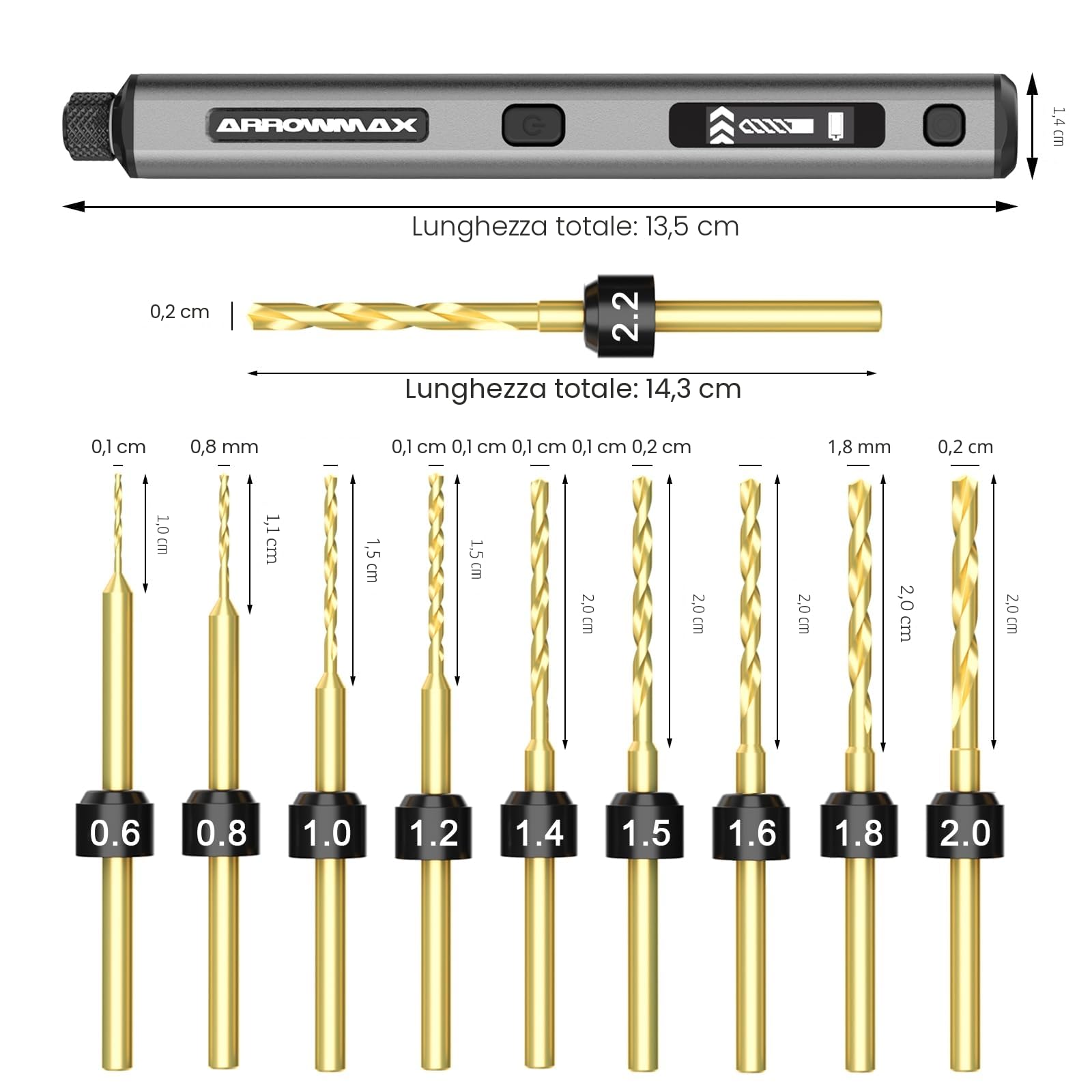ARROWMAX Mini trapano elettrico a 5 velocità, 10 piccole punte da trapano con scatola in alluminio, display OLED, luci a LED, piccolo set di trapano elettrico per resina, gioielli, artigianato