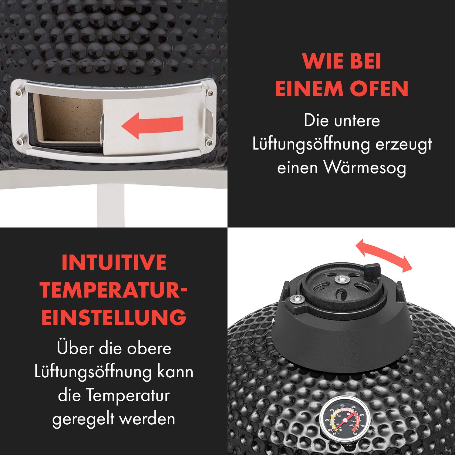 Klarstein Queensize Kamado Barbacoa - para Asar, cocinar a Fuego Lento, ahumar u Hornear, Laterales extraíbles, Materiales: cerámica, Acero Inoxidable y bambú, 0-450 °C, 3 Ruedas, Antracita