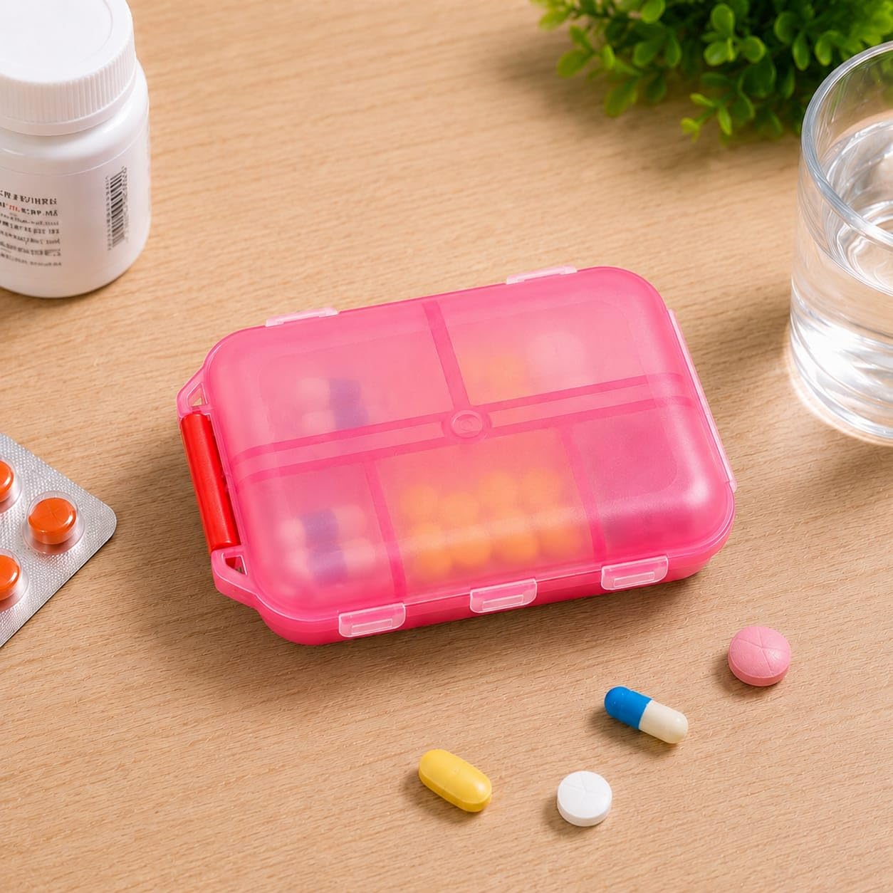 OneCare Portable 10 Compartment Pill Organizer Medicine Storage Box (Pink) | Portable & Compact, Secure Latch Closure, Dual-Sided Storage, Medicine Organiser, Transparent Lids-image-44