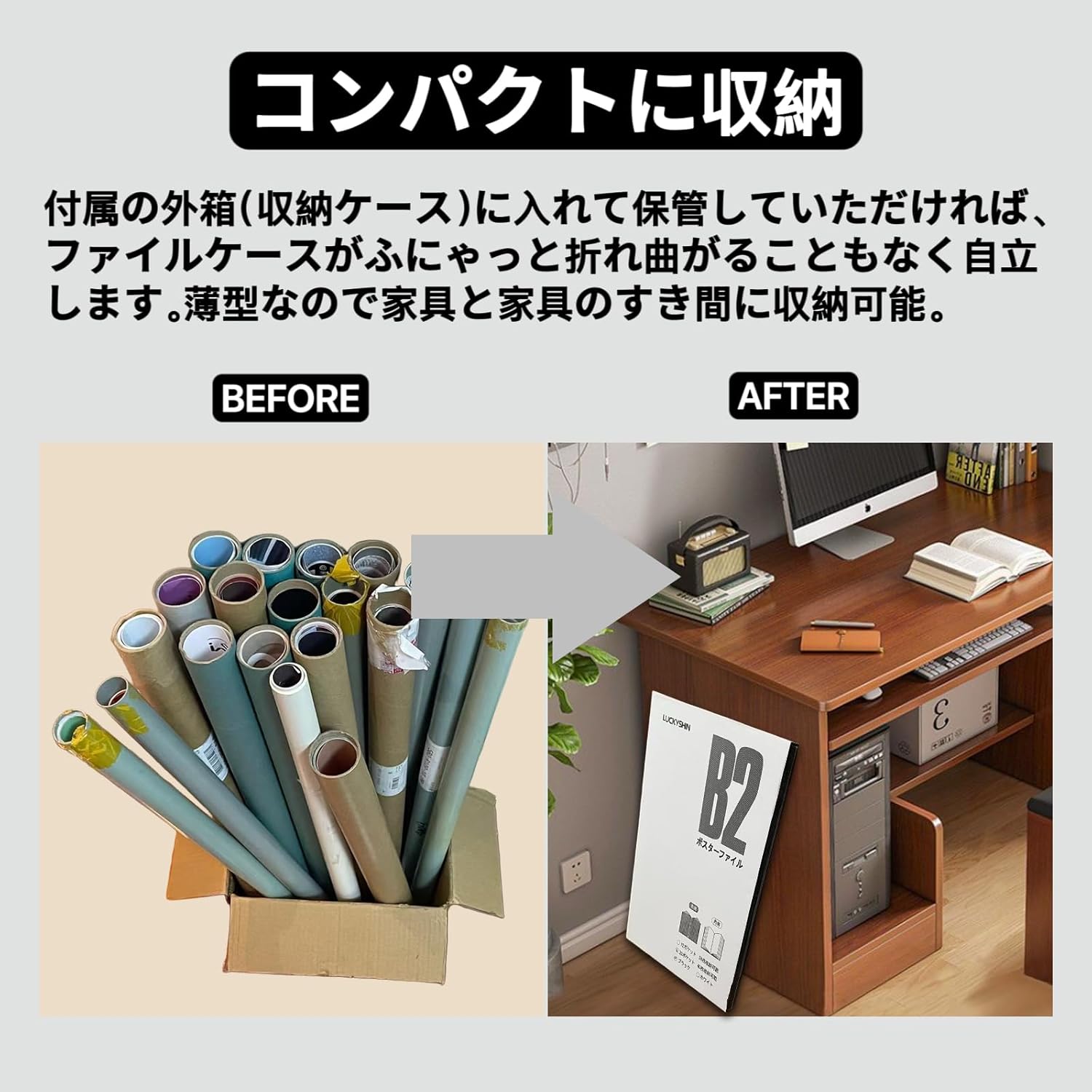 Lucky Shin B2 Poster File, Clear File, 20 Pockets for 40 Sheets, Poster Case with Storage Case