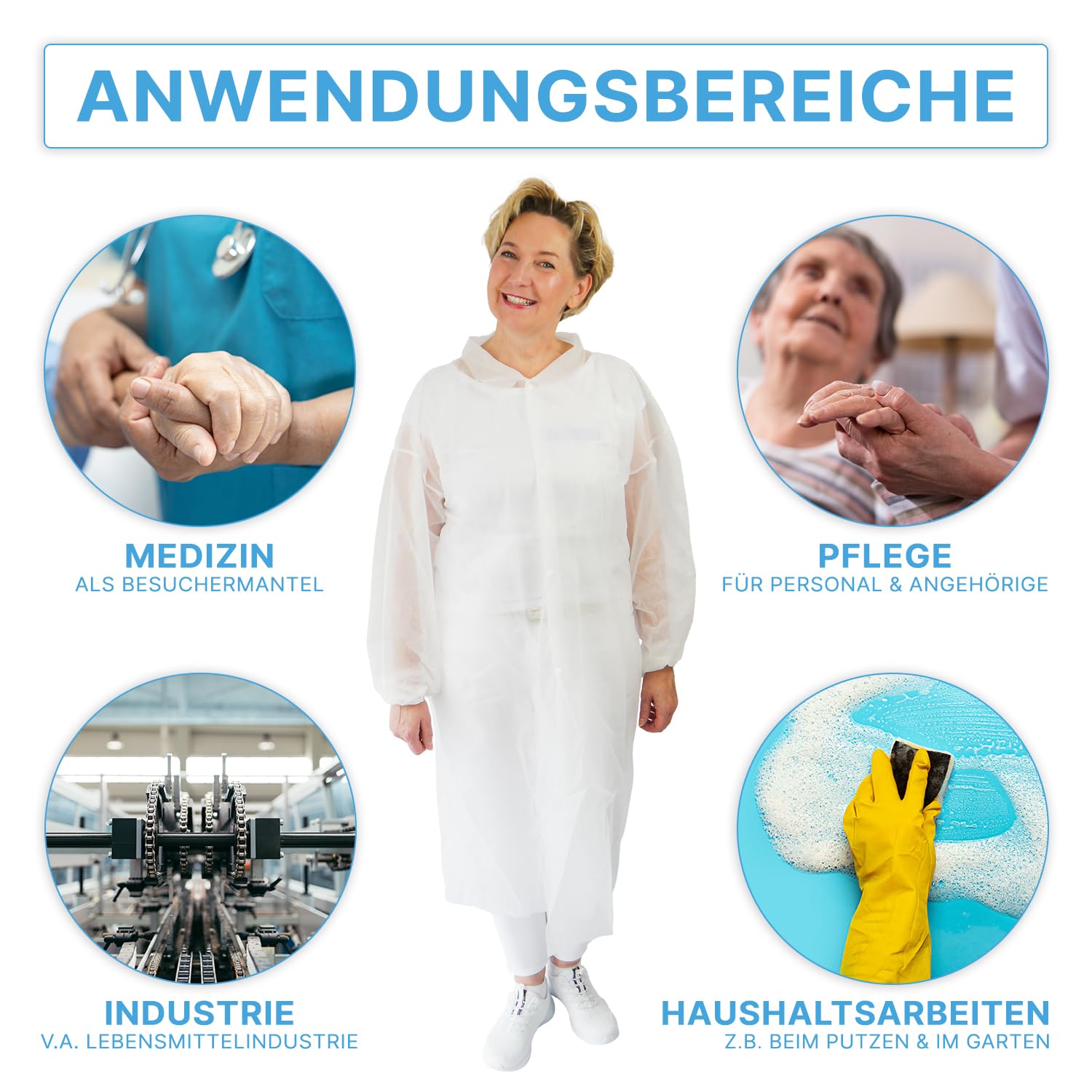 100x ARNOMED® PP Besuchermantel Einweg L, Einmal Schutzkittel Weiß | Vlieskittel, Einwegkittel Schutzkittel mit Druckknöpfen, Einwegmantel Plastik Maleranzug, OP Kittel Lebensmitteltauglich