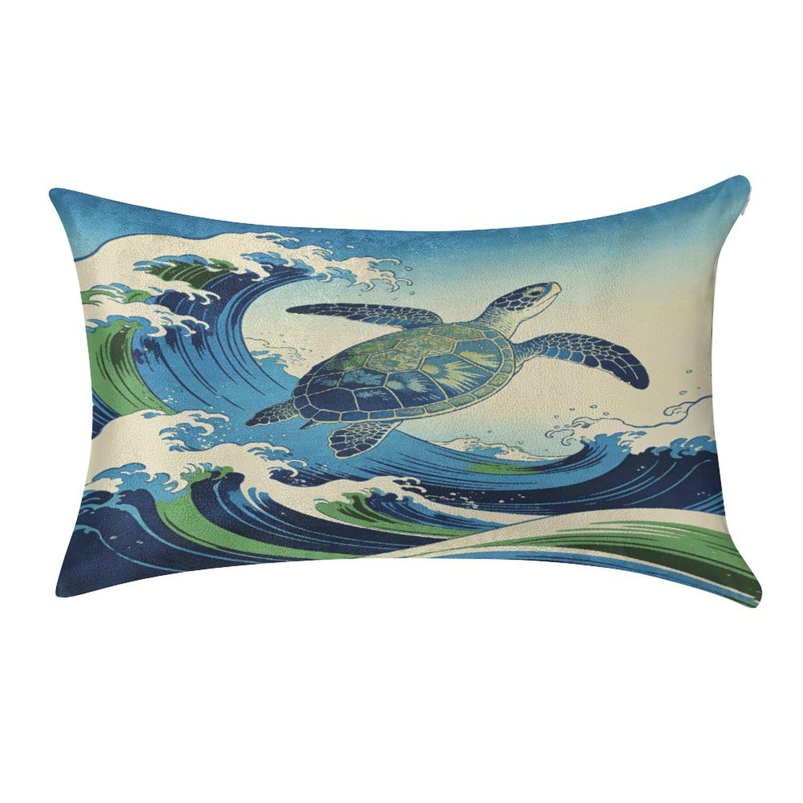 Fodpand Style Japanese Waves And Turtles Pillowcase,Elegant Designed Home Decor,Velvet Pillowcase,Soft And Cozy,Pillow Case Cover With Hidden Zipper For Bedroom, Sofa, Couch