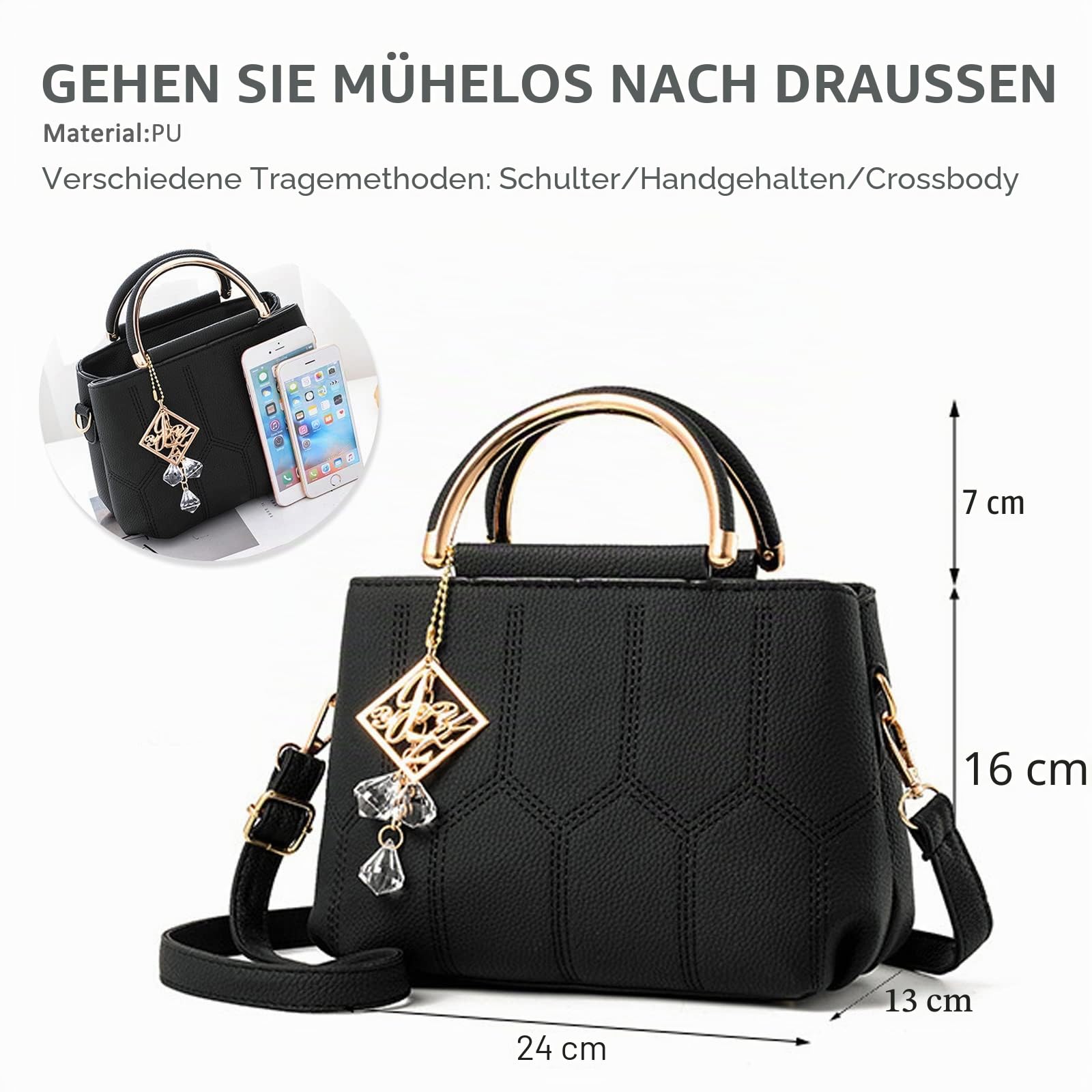 NICOLE & DORIS Handtasche Damen Klein Schultertaschen PU Leder Frauen Umhängetasche Henkeltasche Mini Tasche Damen Kuriertaschen Crossbody Tragentasche mit Anhänger Schwarz