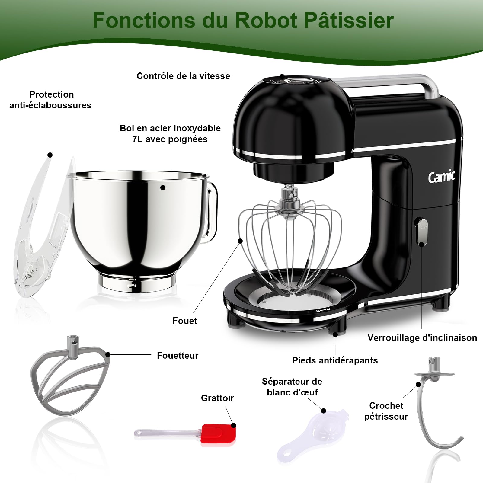 Camic Robot Pâtissier - 2000W - 10 niveaux de vitesse avec poignée de transport, bol mélangeur en inox (7L), pétrin avec crochet mélangeur, crochet pétrisseur, fouet