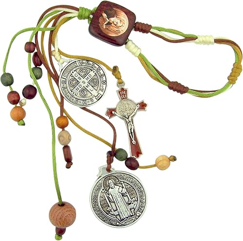 Home Blessing Cuentas de madera multicolor con medallas de protección de San Benito y crucifijo de esmalte