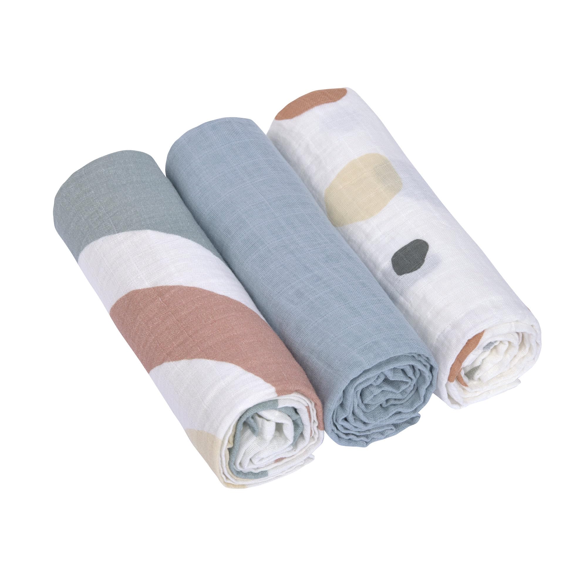 LÄSSIG Baby Blanket Baby Bedding Set of 3 Cotton 85 x 85 cm/Swaddle & Burp Blanket L Rainbow powder blue