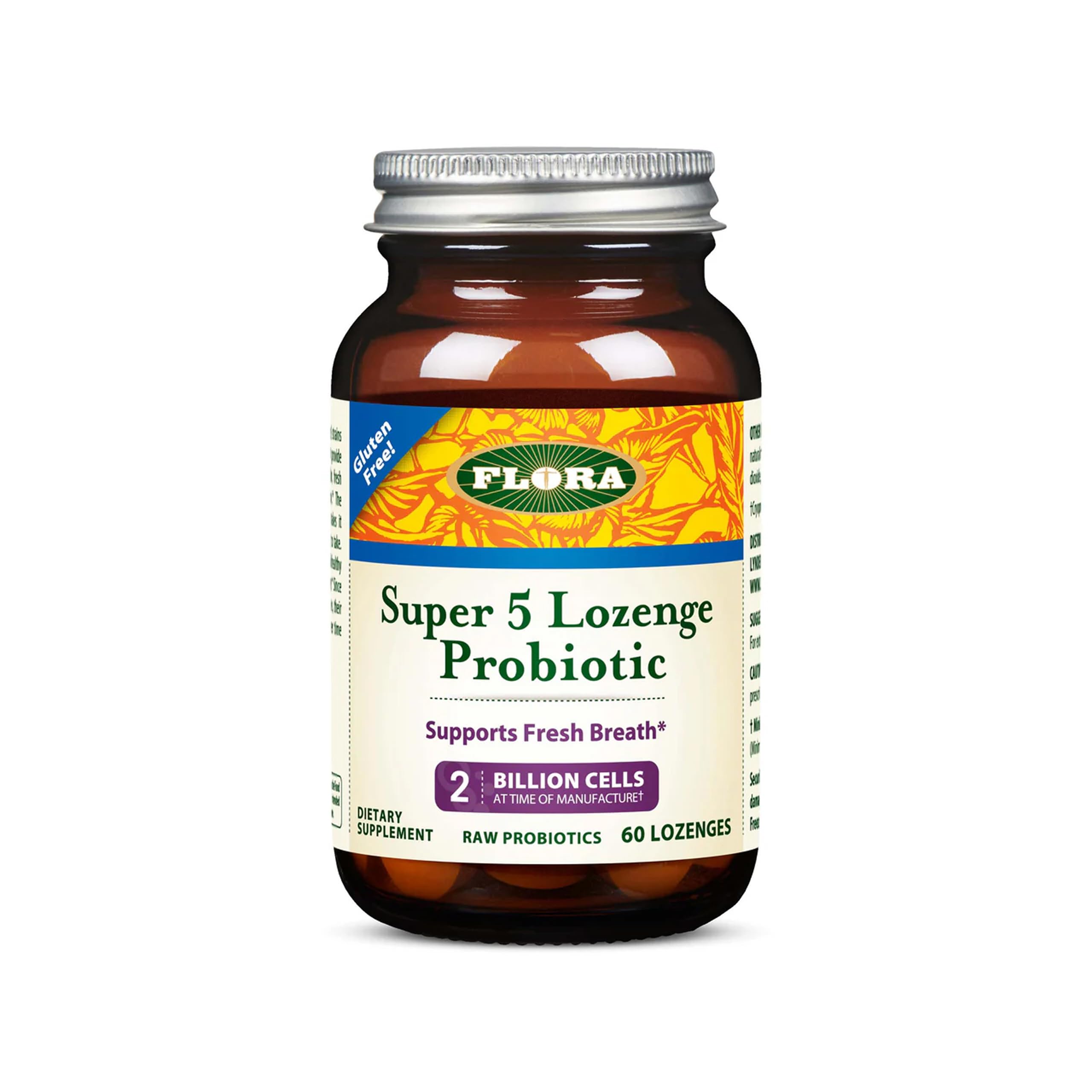 Flora - Super 5 Lozenge Probiotic, Raspberry Flavored Oral Probiotic, Good for Bad Breath, Five Strains with 2 Billion CFU, Regain and Retain Gut Health, RAW, 60 Lozenges