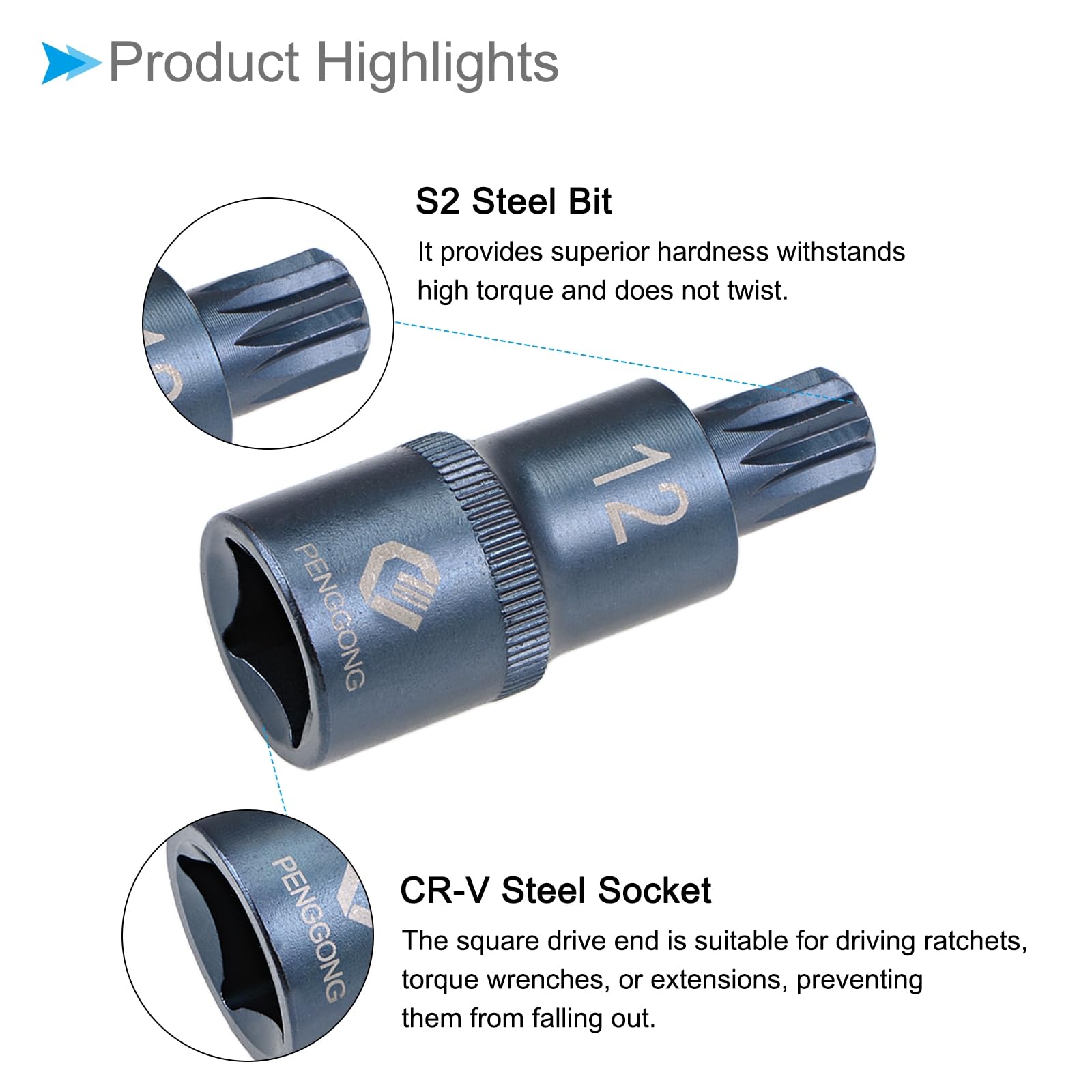 CoCud Triple Square Spline Bit Socket, M12 Bit 1/2" Drive 2" Length, Star S2 Alloy Steel Cr-V Socket Blue - Image 4