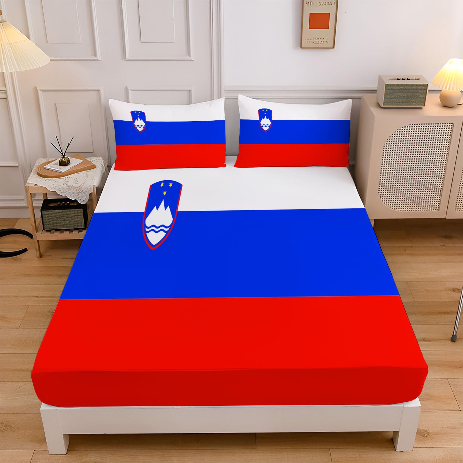 Sabana Bajera 150X190/200Cm Ajustable Bandera De Eslovenia Bajera Cama Niños, Profundidad De 30 Cm Sabanas Microfibre Suave Cómoda Azul Rojo, Geométrico Moderno Sabanas Bajeras Elástica